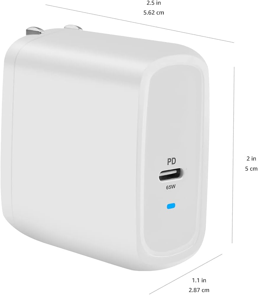 Amazon Basics 65W One-Port GaN USB-C Wall Charger with Power Delivery PD, Foldable Plug, for Laptops, Tablets & Phones, White