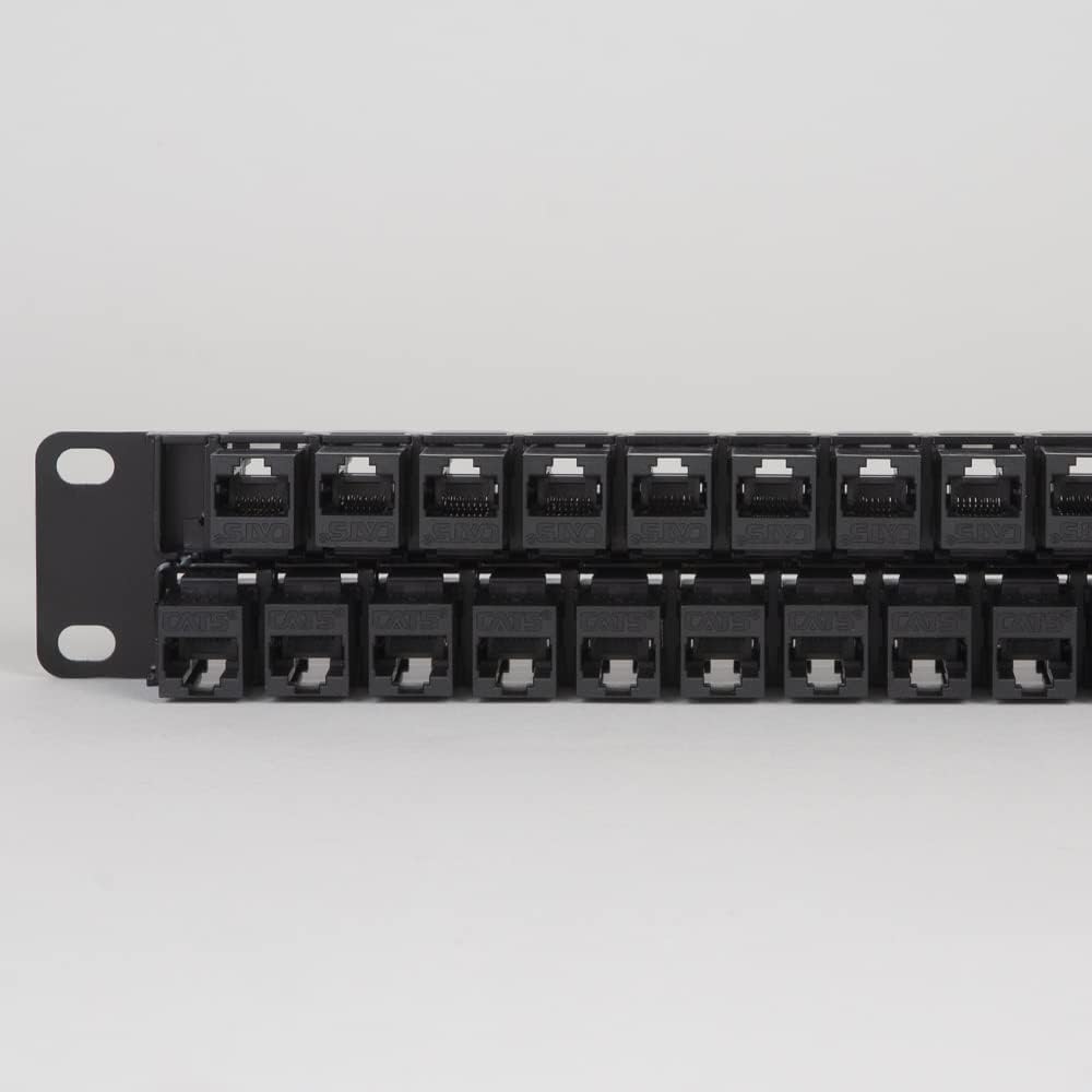 ICC CAT5e Feed-Through Patch Panel, 48 Port, 1U Rackmount, RJ45 Ethernet Patch Panel, No Punch Down, PoE++ and TAA Compliant, Black