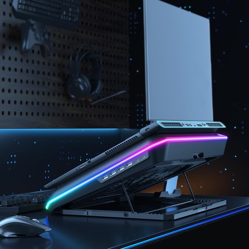 RGB Gaming Laptop Cooling Pad with Two Turbo Fan, Rapid Cooling for 15.6-19.3" Laptops, Variable Speed Control, 6 Adjustable Heights A5