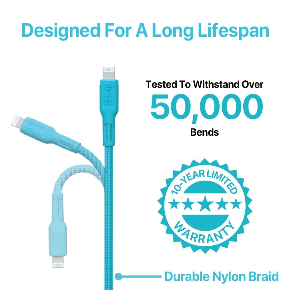 BLACK+DECKER Lightning to USB Cable - Fast Compatible iPhone Lightning Cable - Durable Braided iPhone Charger Cord - for Travel and Daily Use - Multiple Color + Length Options - 6ft