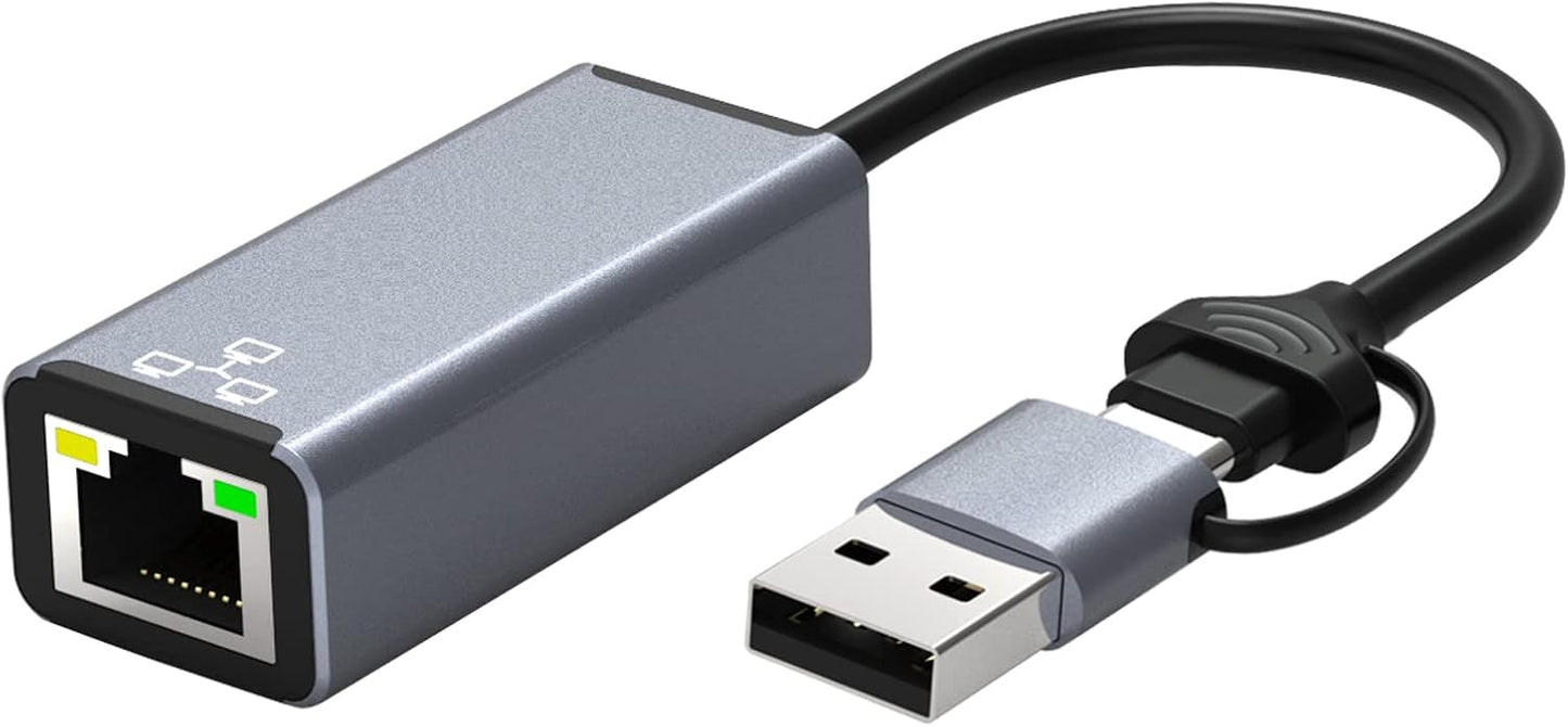 AChoro LAN to USB Adapter - USB A & C to Ethernet Port - Aluminium Alloy RJ45 Ports for PC, Mac