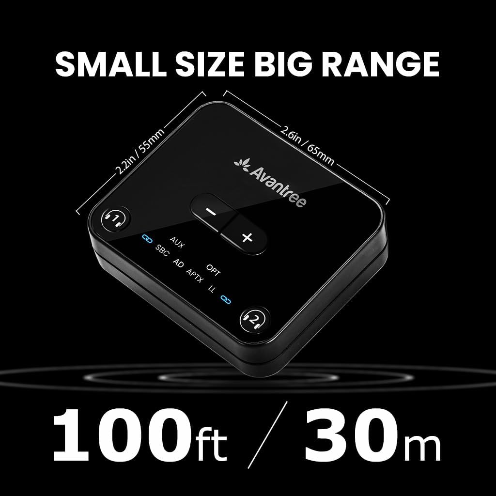 Avantree Audikast 3 – Bluetooth 5.3 Transmitter for TV Audio via Optical & AUX Outputs, aptX Adaptive, Dual Headphone Connection, 100ft Range