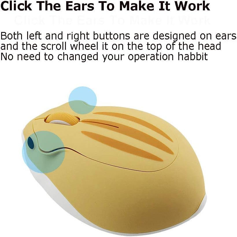 2.4GHz Wireless Mouse Cute Hamster Shape Less Noice Portable Mobile Optical 1200DPI USB Mice Cordless Mouse for PC Laptop Computer Notebook MacBook Kids Girl Men Women Adults Gift (Yellow)