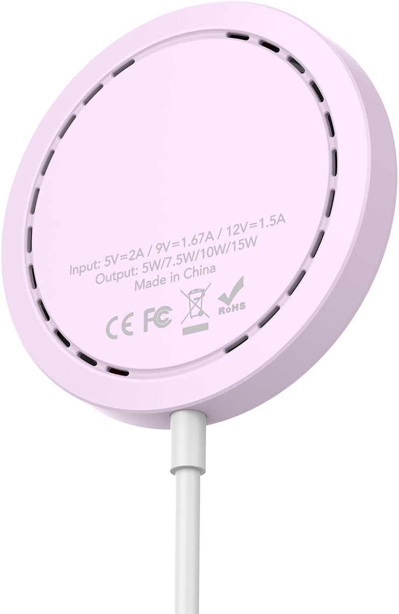 Wireless Charger, 15W Max Fast Magnetic Wireless Charging Pad Compatible with iPhone 16/15/14/13/12 with USB-A Converter Purple