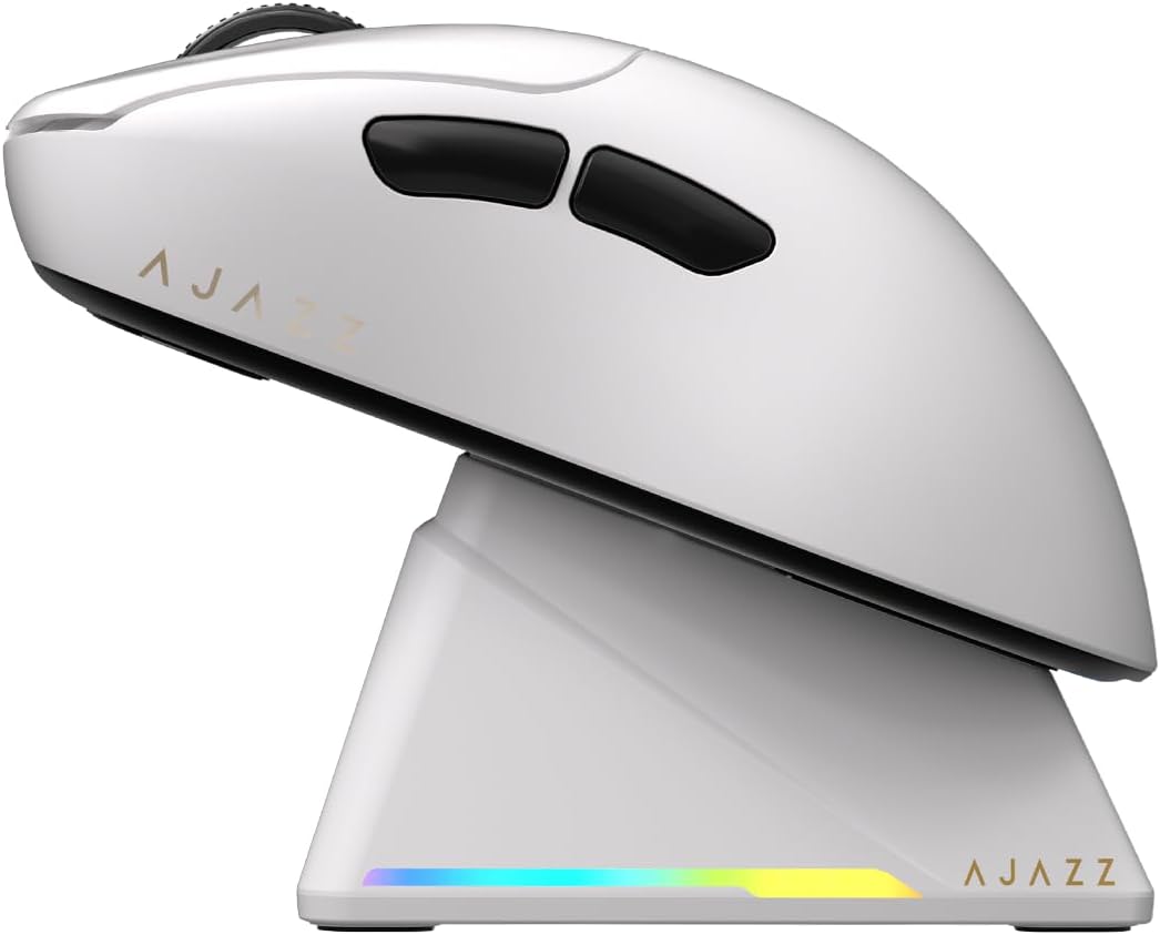 AJ179PRO PAW3395 26000 DPI Gaming Mouse, 8000Hz Polling Rate, 58g Ultra-Light, Tri-Mode (2.4G/Wired/Bluetooth 5.2), Magnetic RGB Charging Dock, Ergonomic Right-Hand Design, White