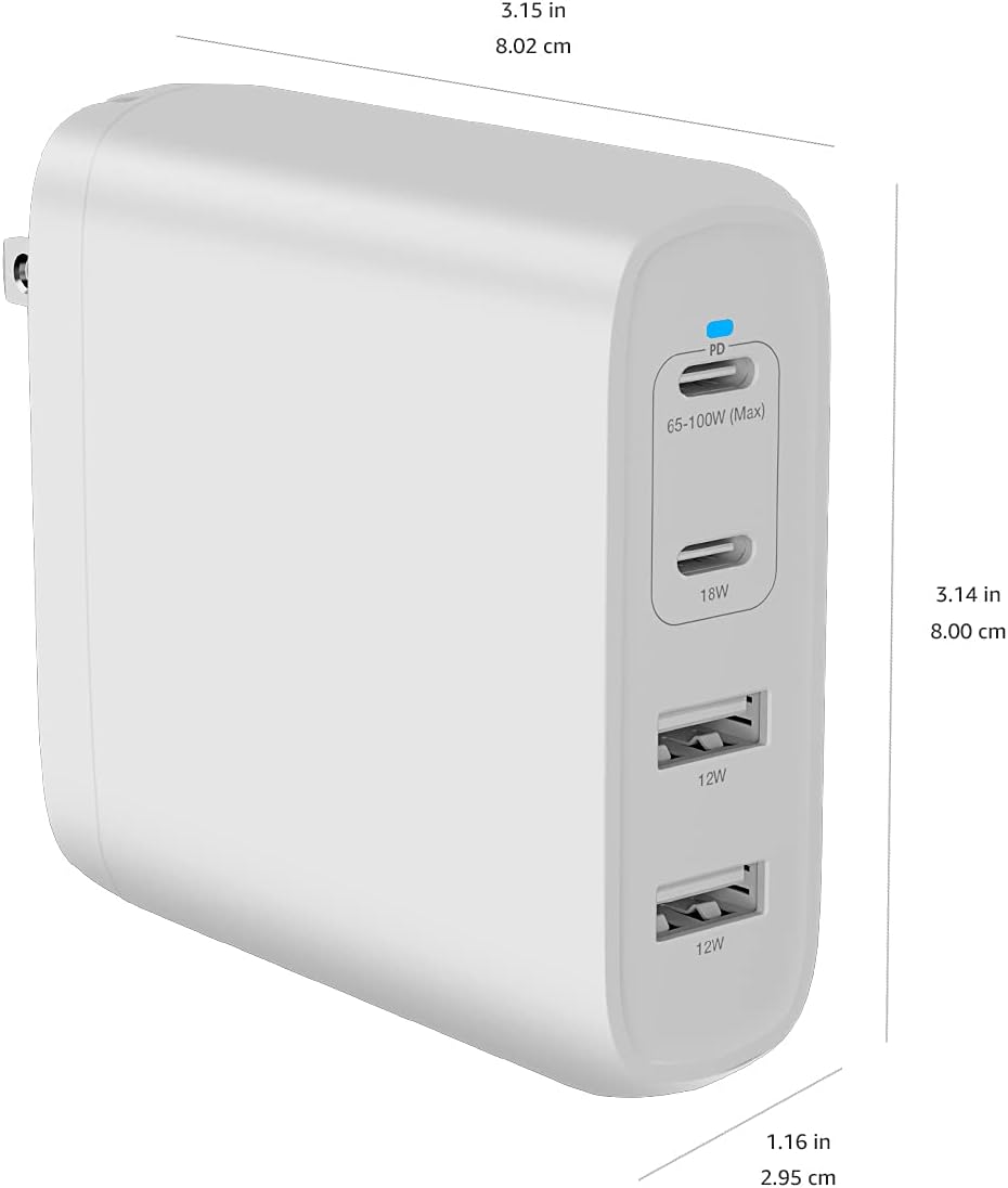 Amazon Basics 100W Four-Port GaN Wall Charger w/ 2 USB-C (100W,18W) & 2 USB-A Ports (12W) w/PD for Laptops, Tablets & Phones (iPhone 16/15/14/13/12/11/X, iPad, Mac, Samsung, and More), Non-PPS, White