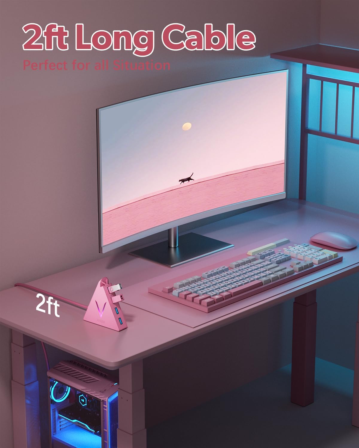 4-Port USB 3.0 Hub, FlyingVHUB Vertical Data USB Hub with 2 ft Extended Cable, for Mac, PC, Xbox One, PS4, PS5, iMac, Surface Pro, XPS, Laptop, Desktop, Flash Drive, Mobile HDD(Pink)