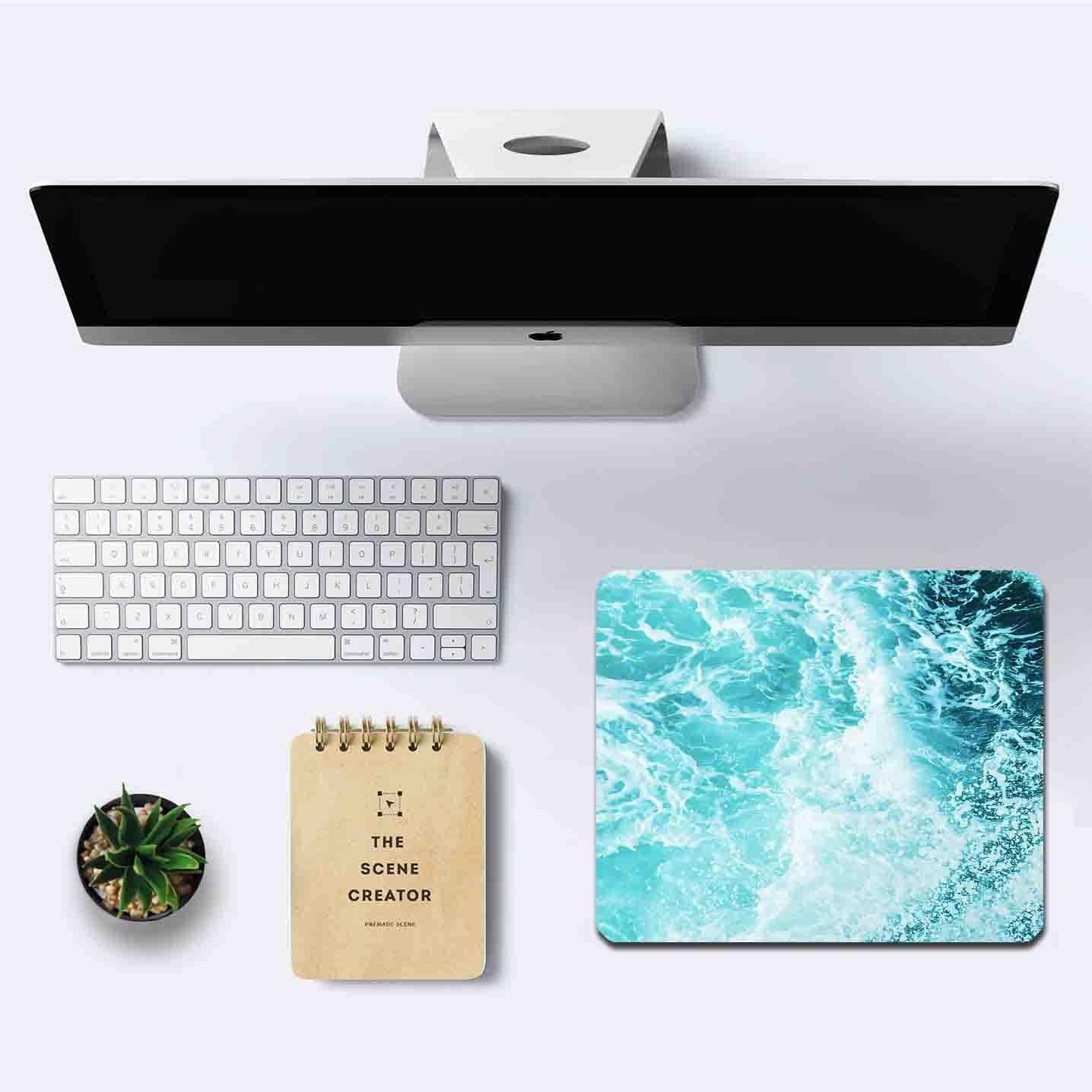IMAYONDIA Blue Teal Green Sea Waves Mouse Pad, Square Ocean Mouse Pad Waterproof Non-Slip Rubber Base MousePads for Office Laptop, 9.5 inch x7.9 inch