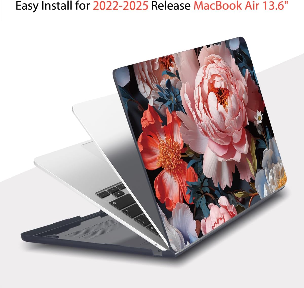 Teryeefi Compatible with A2681 A3113 A3240 MacBook Air 13.6 inch Case M2 M3 M4 Release 2022 2023 2024 2025,Design Slim Cover+Keyboard Cover+OTG Adapter for 13.6 inch MacBook Air, Colorful Peonies