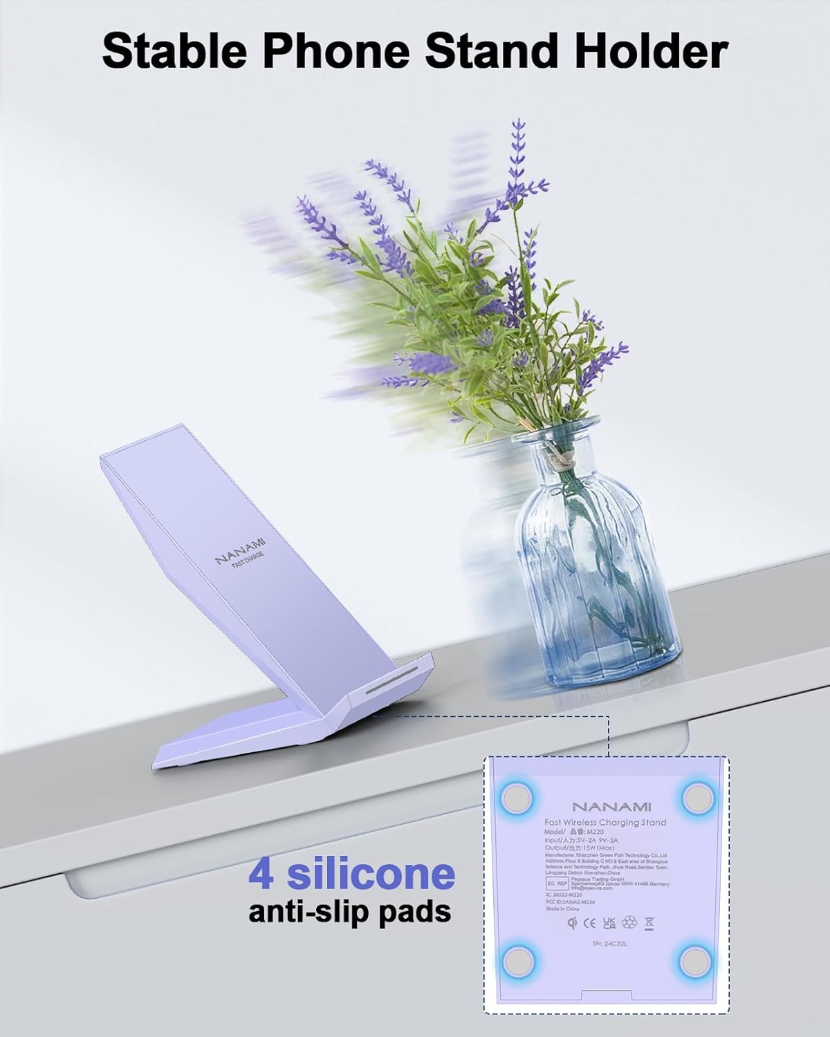 NANAMI Wireless Charger - Fast Qi-Certified Wireless Charging Stand Compatible Apple iPhone 16/16 Plus/16 Pro/16 Pro Max/15/14/13/12 Pro, Desktop Phone Charger for Samsung Galaxy S25/S24/S23/S22/S21