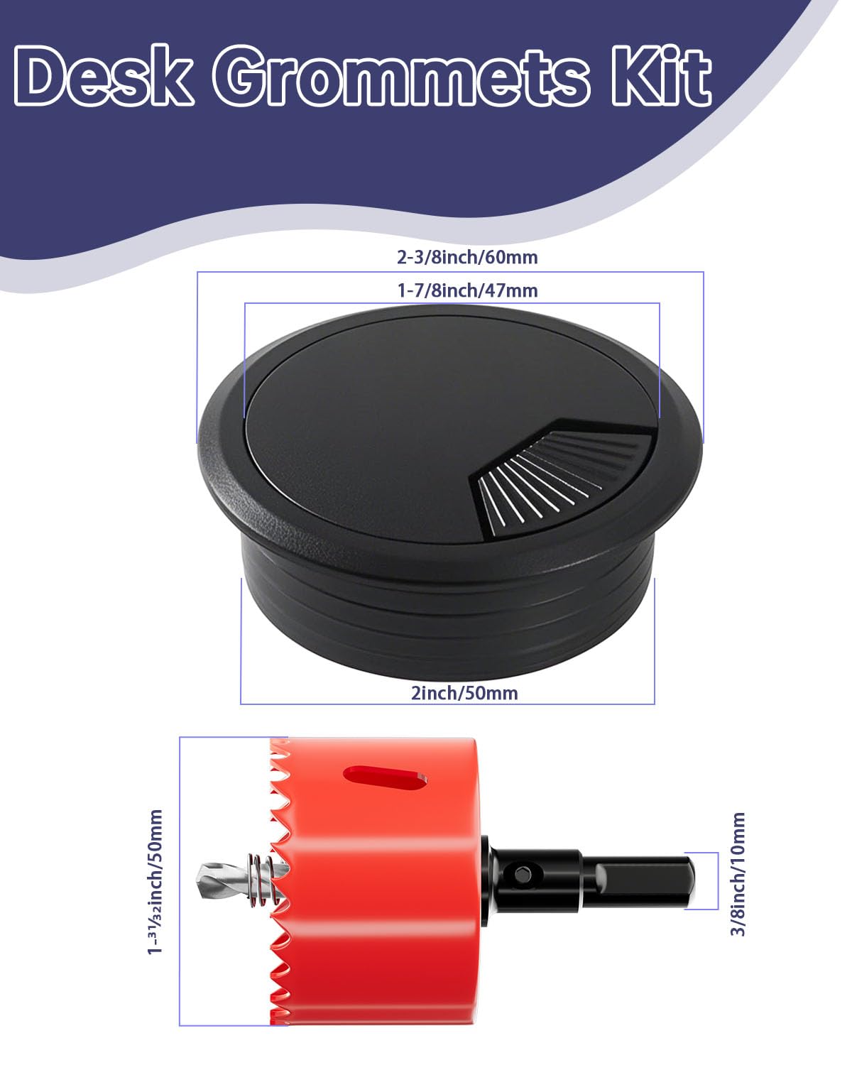 Desk Grommet & Cable Grommet 2 Inch (10 Pack) - Black Desk Hole Cover with Hole Saw - Cable Management Kit for Office, TV Stand, Workstation - Hide Wires Behind Wall, Cable Pass Through (50mm)