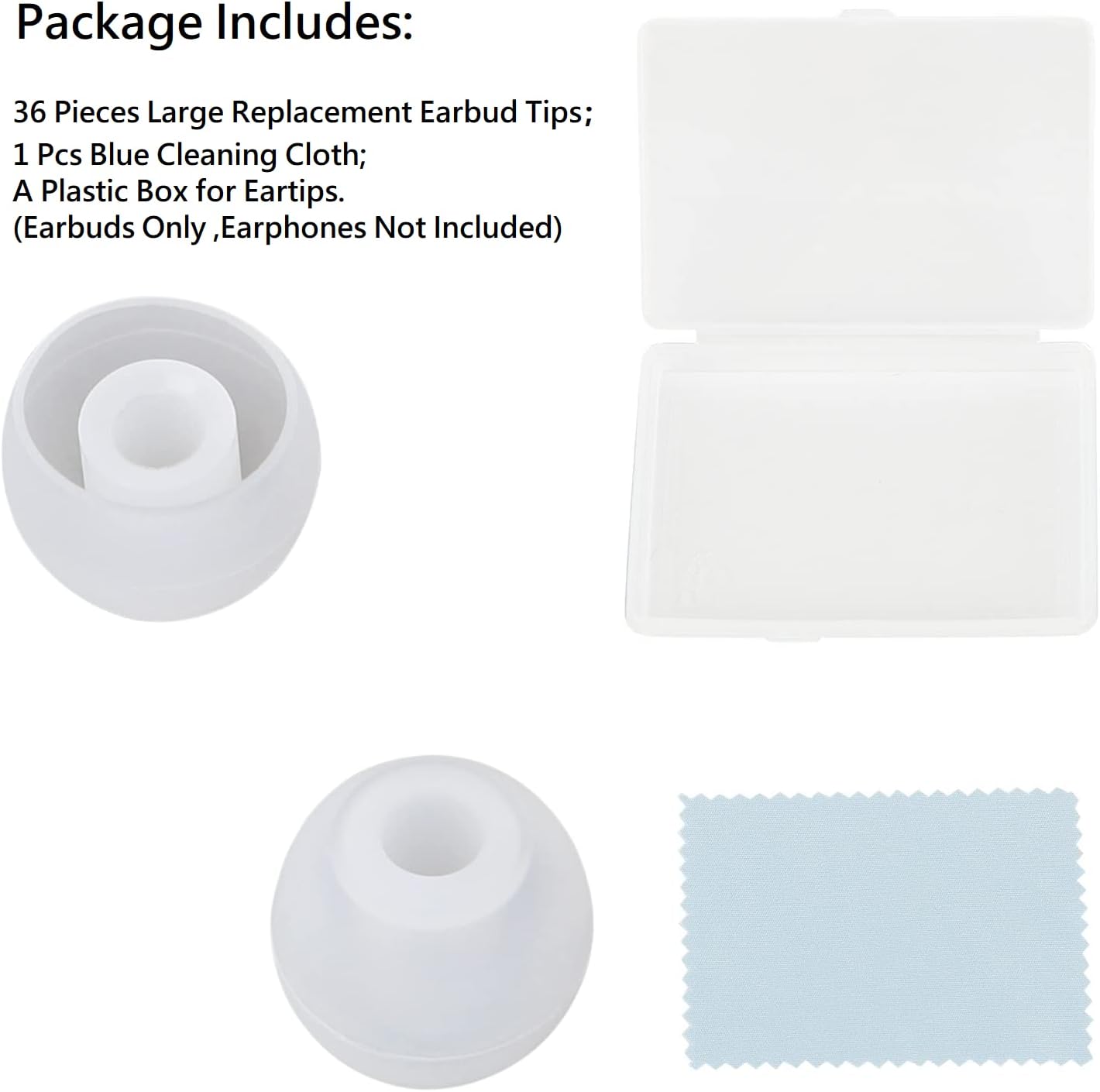 36 Pieces Large Earbud Tips Soft and Comfortable Ear Bud Replacement Pieces Silicone Fit Most in-Ear Headphones,Inner Hole 3.8mm -5.5mm,Large Clear White Replacement Earbuds Silicone Tips