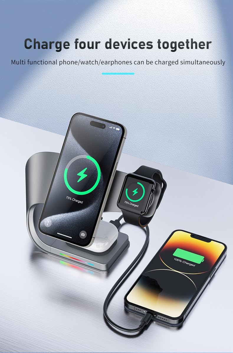 Wireless Charger, 3 in 1 Fast Charging Station for iPhone 15/14/13/12, Apple Watch, AirPods, 15W Magnetic Foldable Charging Dock, Portable Qi Wireless Charger Stand for Home, Office, Travel