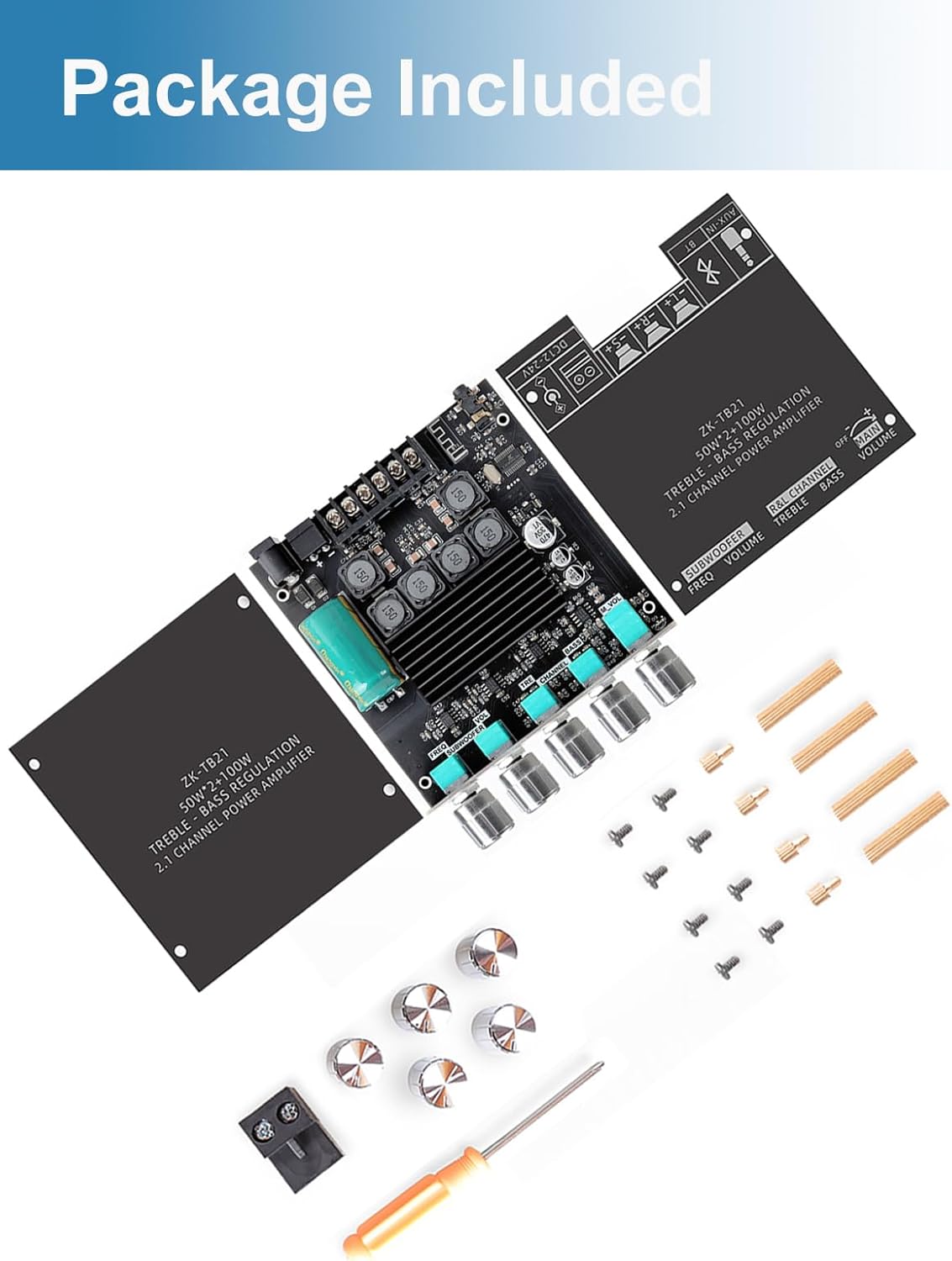 50W+50W+100W Amplifier Board with Treble and Bass Control, Bluetooth 5.0 HiFi 2.1 Channel Subwoofer Stereo Amplifier Board, Dual TPA3116D2 Chip BT and AUX Inputs for DIY Wireless Speakers (ZK-TB21)