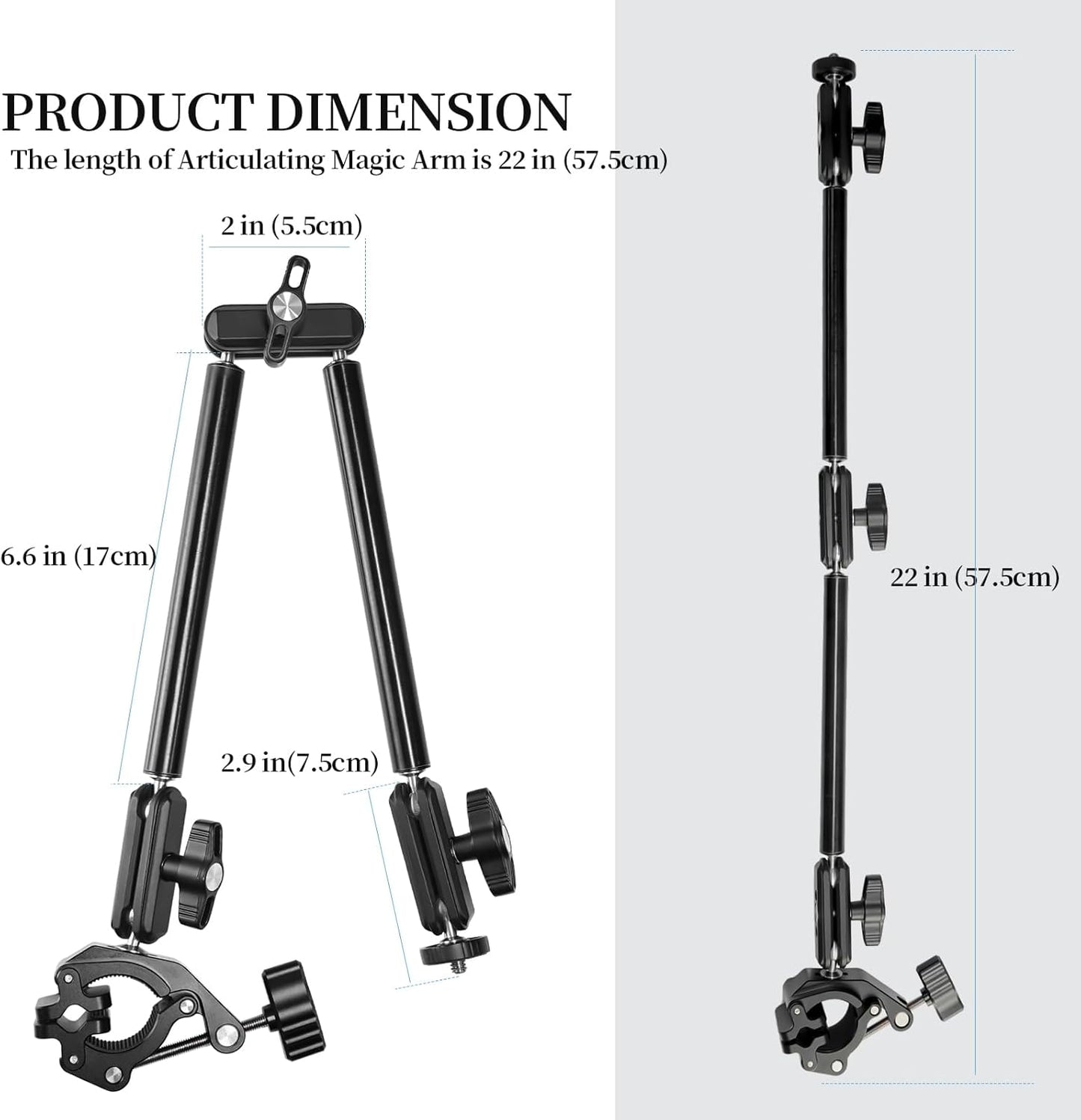 FIFIELD 22" Magic Arm with Super Clamp Overhead Camera Mount for Camera, 1/4” Threads Adjustable Desktop Stand Holder Compatible with Phone Microphone Webcam Action Camera Video Light