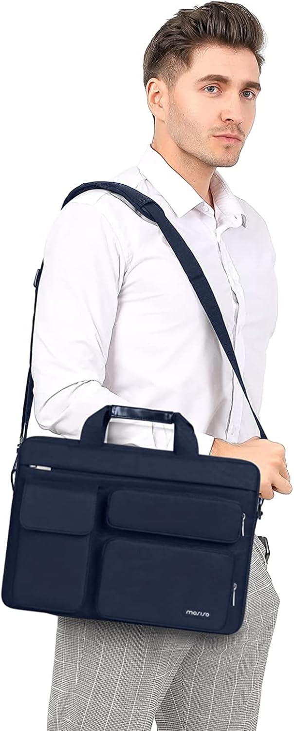 MOSISO Laptop Shoulder Bag, Computer Bag with 2 Raised&1 Flapover&1 Horizontal Pocket&Handle&Belt