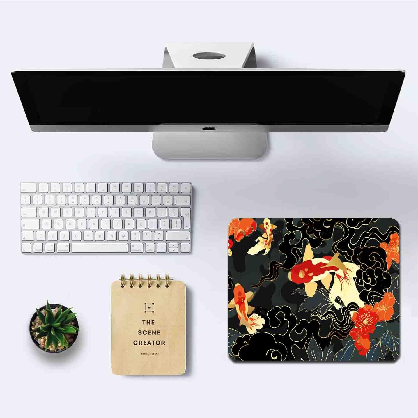 IMAYONDIA Japanese Koi Mouse Pad, Black Gold Gaming Mouse Pad, Anime Mousepad with Non-Slip Rubber Base, Computer Mouse Mat Office Accessories Decor Gift, 9.5 x 7.9 Inch