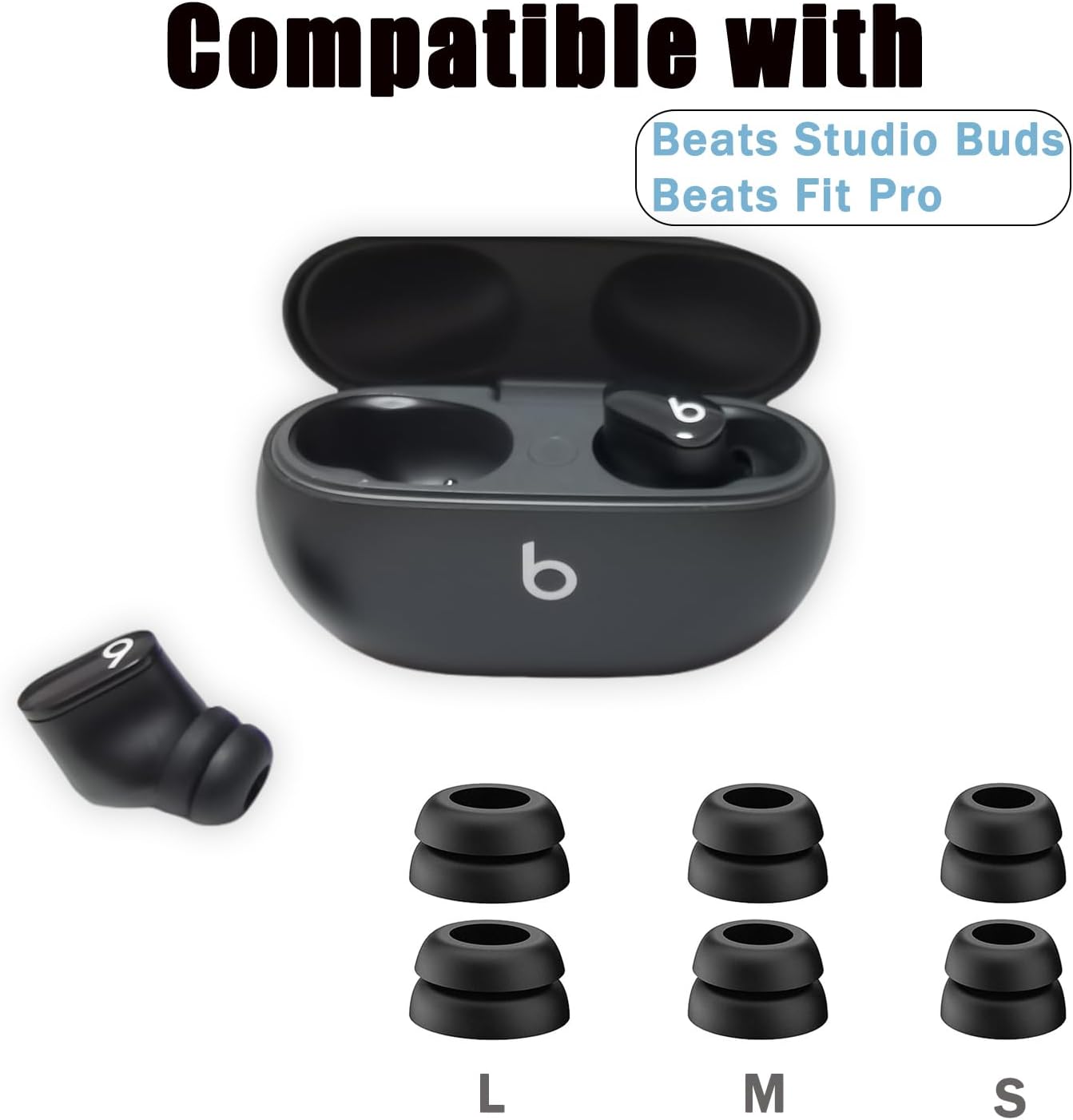 Double Flange Ear Tips for Beats Studio Buds Replacement Earbuds Tips for Beats Earbuds Beats Fit Pro 6 Pairs Black