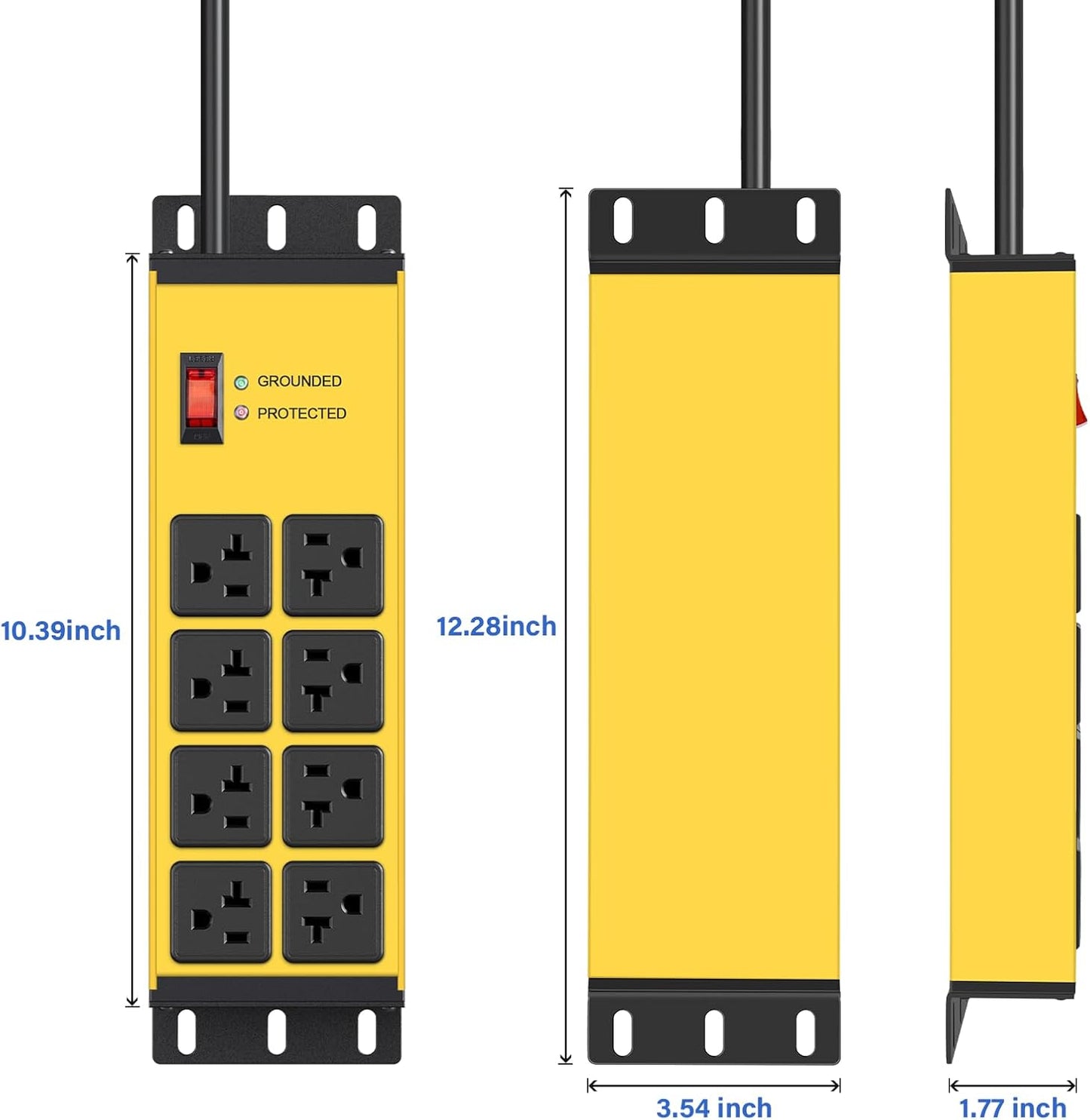 CCCEI Yellow Heavy Duty Power Strip Surge Protector 20 AMP, 8 Outlets 12 Gauge Industrial Shop Garage Metal Multiple Outlets, 15FT Extension Cord 5-15P Adapter High Amp 6-20R T-Slot 20a for Appliance