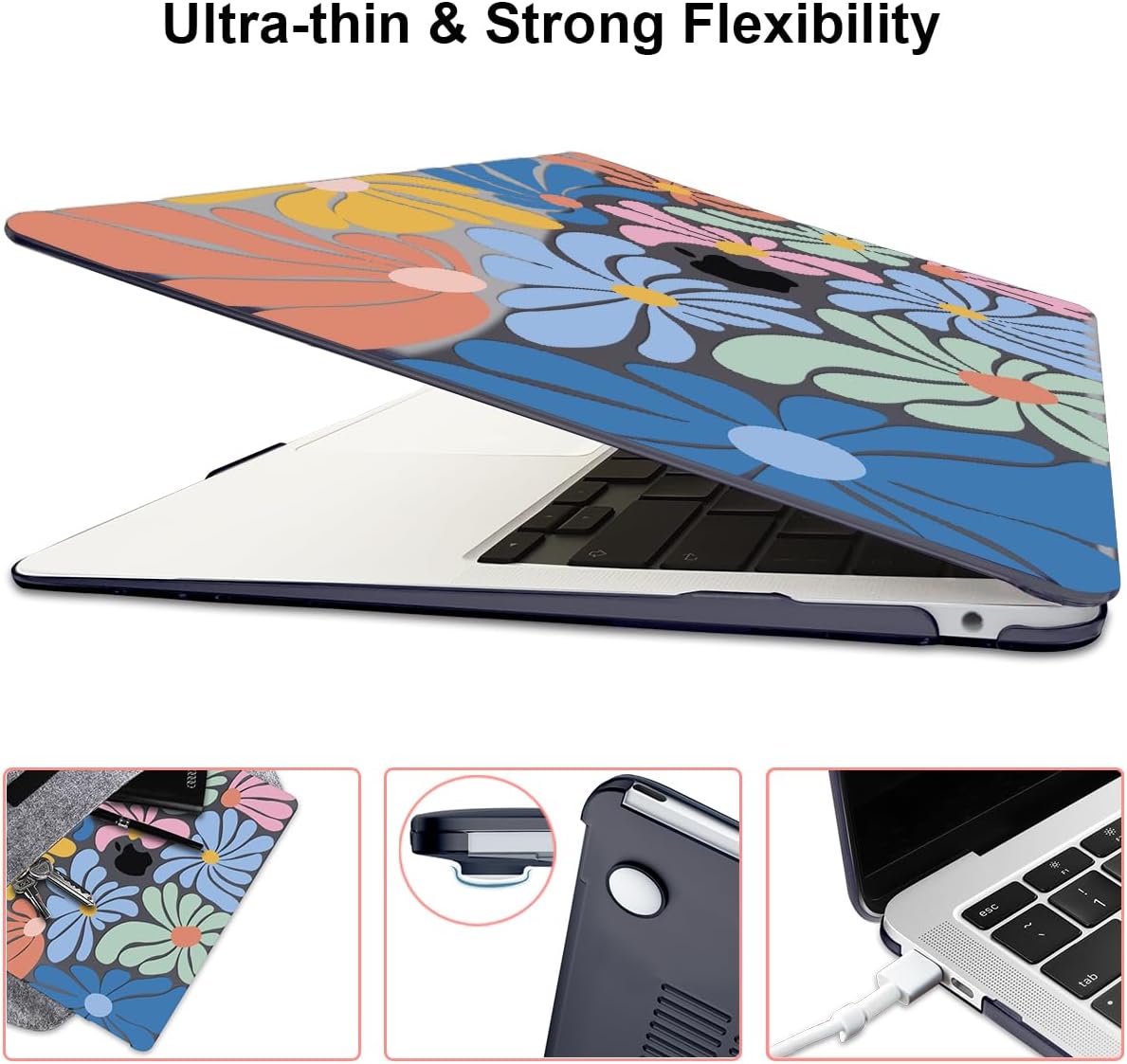 for MacBook Pro 13 inch Case 2022 2021-2016 Release A2338 M2/M1 A2251 A2289 A2159 A1989 A1706 Touch Bar, Pattern Plastic Hard Shell & Keyboard Cover & Screen Film, Colorful Flowers Black