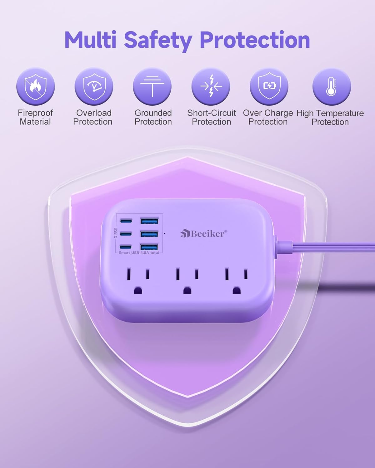 6 USB(3 USB C) Purple Travel Power Strip- 5Ft Purple Extension Cord with USB Charging Station 24W and 3 Outlets, Pink Desk Accessories for Cruise Travel Cute Kawaii Lavender Home Office Dorm Room