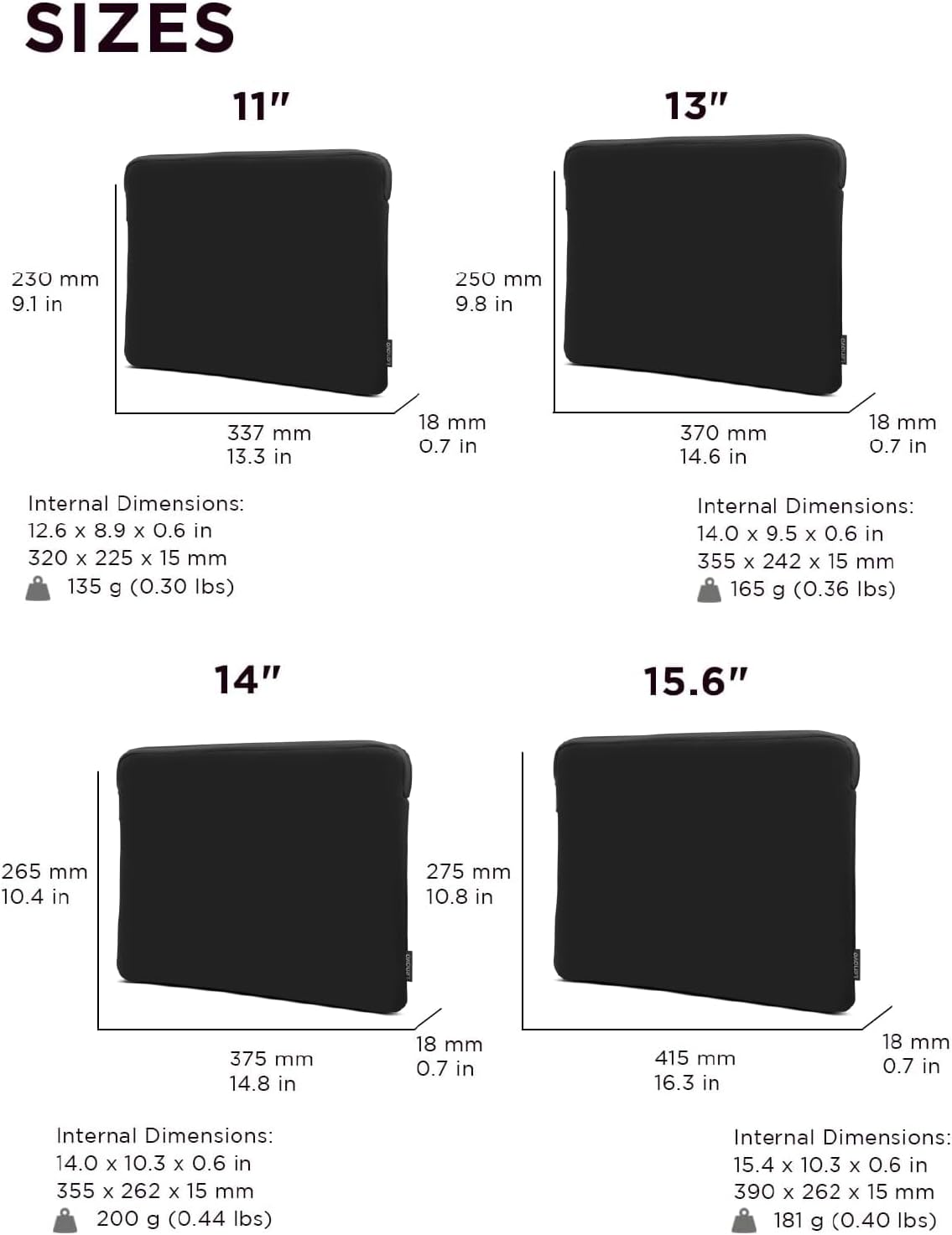 Lenovo Basic Laptop Sleeve 15.6 Inch Notebook/Tablet Compatible with MacBook Air/Pro Neoprene Material - Soft Fleece Lining - Zippered Top Opening - Black