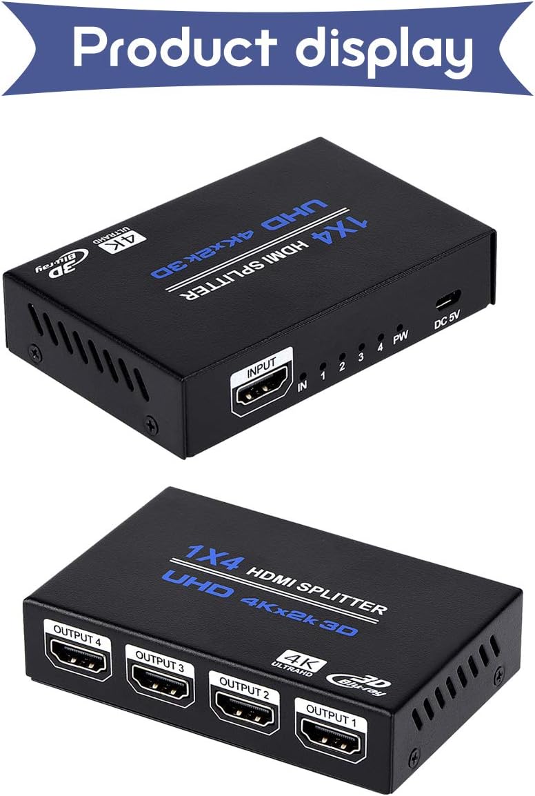 1x4 HDMI Splitter, 1 in 4 Out HDMI Splitter Audio Video Distributor Box Support 3D & 4K x 2K Compatible for HDTV, STB, DVD, PS3, Projector Etc, Duplicate/Mirror Screen Only (Not Extend)