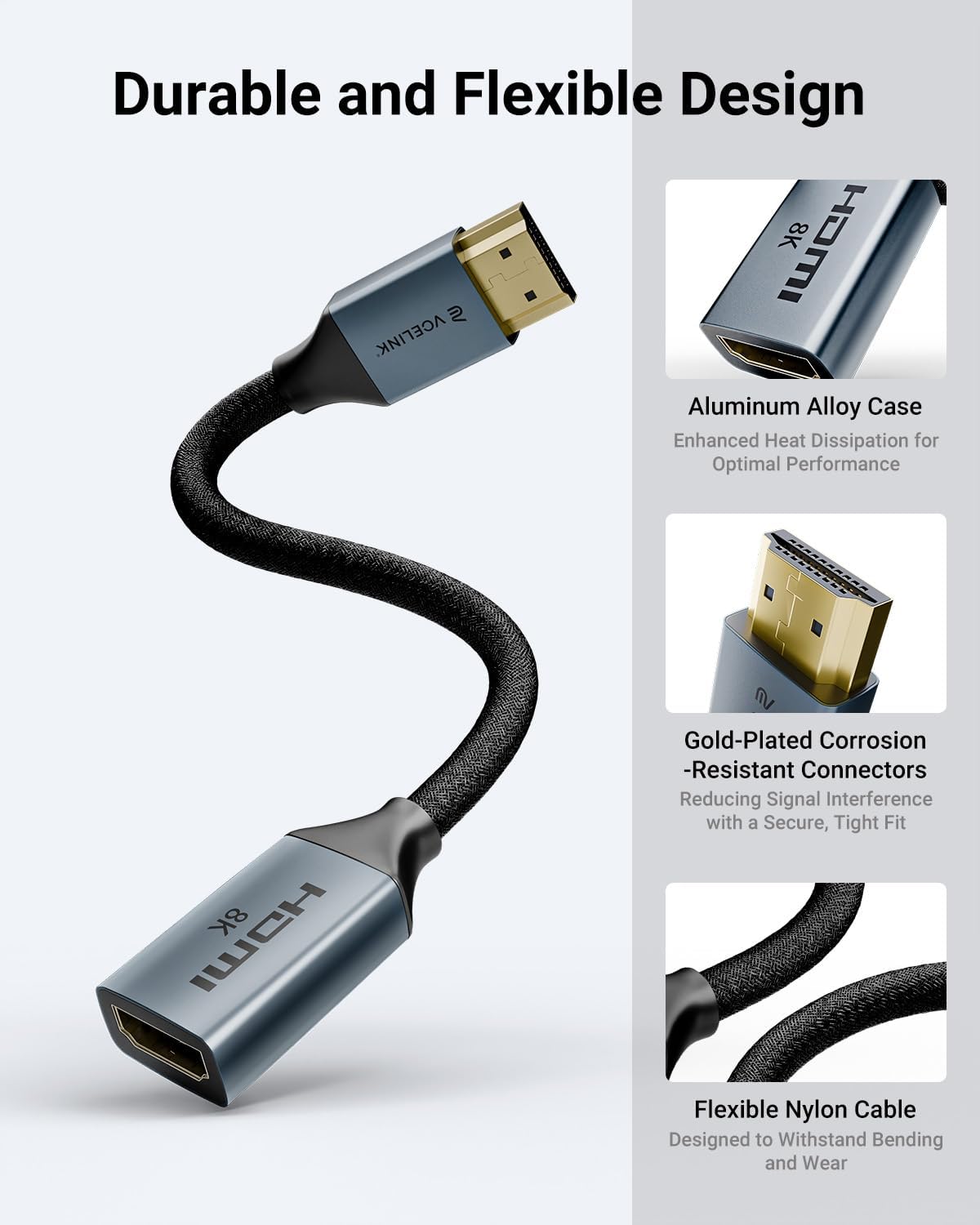 8K Short HDMI Extender Cable 0.6 FT Ideal for Tight Spaces, HDMI Extension Male to Female Adapter, Compatible with Roku TV Stick, HDTV, Game Console, Laptop (1 Pack, 0.6FT)