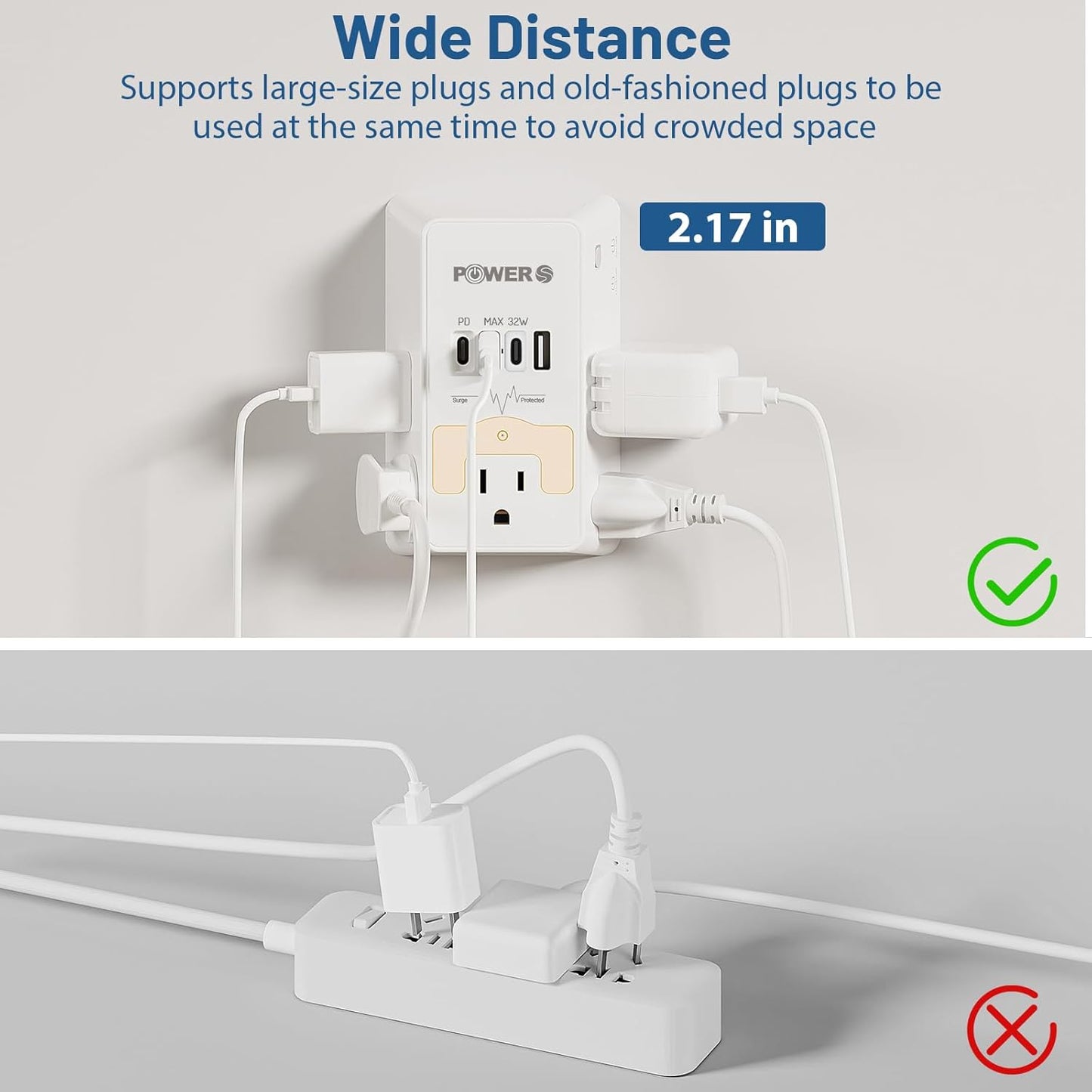 20W PD Fast Charging Wall Outlet with USB Ports (3C1A), Electrical Outlet Extender with Night Light, Surge Protector, Wall Plug Adapter for Multiple Devices, Wall Socket Expander