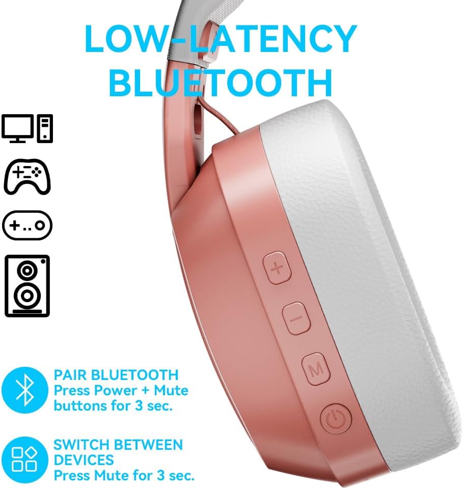 2.4GHz Wireless Gaming Headset for PC, PS5, PS4, Switch - Bluetooth 5.4, 20H Battery, with ENC Noise Canceling Microphone, Cool Lighting, 40mm Drivers,for Wired Mode Xbox Series -Rose Gold