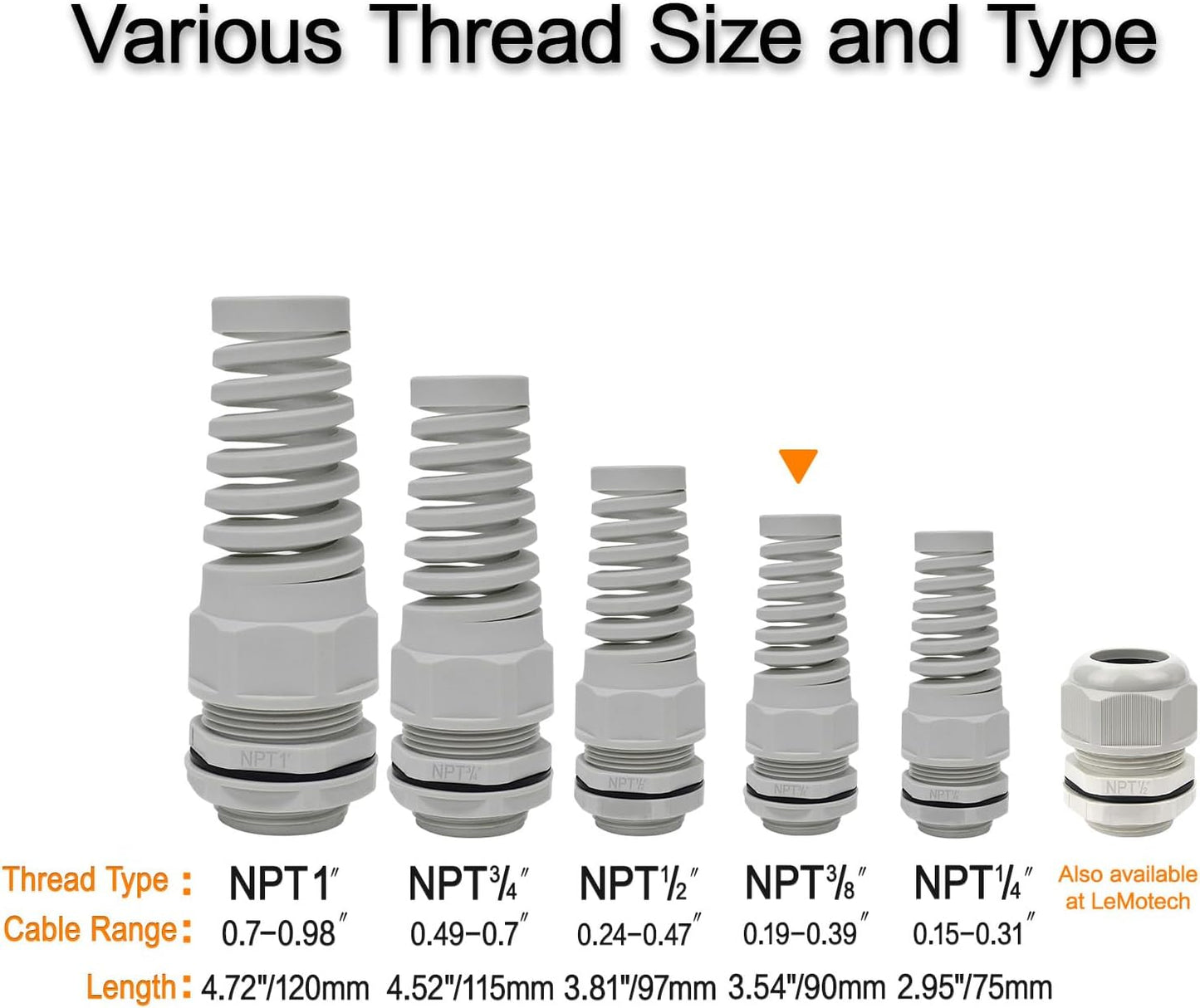 LeMotech 10Pcs NPT 3/8" IP68 Waterproof Cable Gland Flex Spiral Strain Relief Grey Nylon Joint with Gaskets for 5-10mm Wire Thread