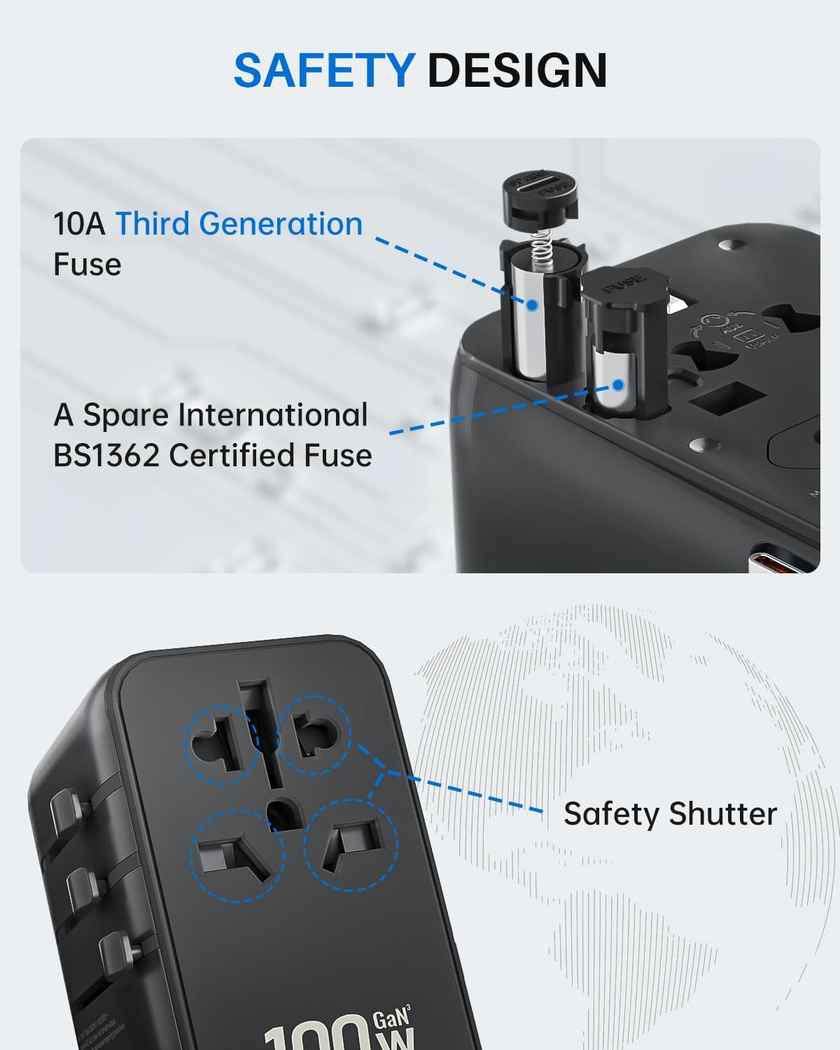 DOACE Universal Travel Adapter, 100W GaN 3.0 European Travel Plug Adapter with Built-in USB-C Cable, 6 in 1 International Power Adapter with 5 USB Ports for EU/UK/USA/AUS(Black)