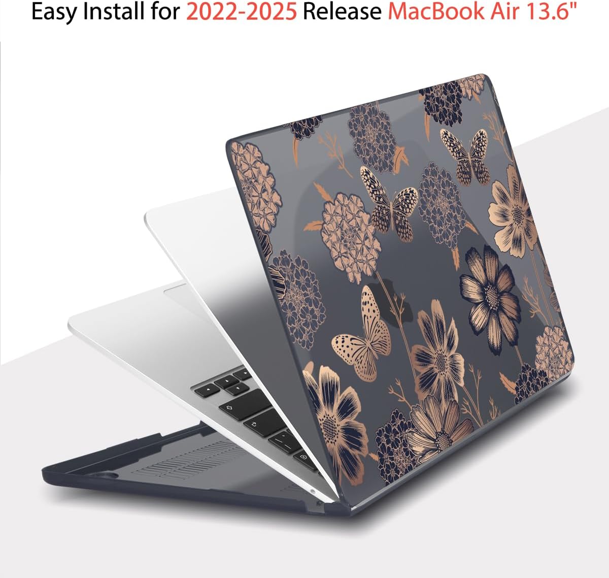 Teryeefi for MacBook Air M2 M3 M4 13.6 Case 2022 2023 2024 2025 Release A2681 A3113 A3240, Clear Hard Shell with Keyboard Cover & USB 3.0 Adapter & Screen Protector, Gold Floral Butterfly