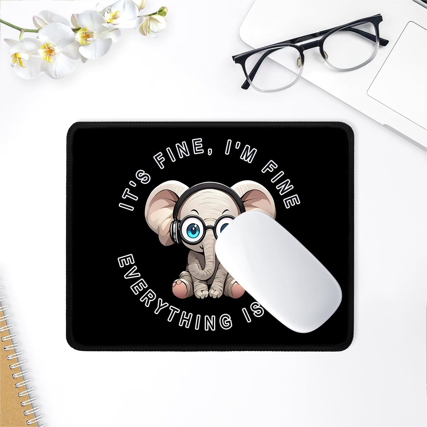 ITNRSIIET Mouse Pad with Stitched Edge Premium Textured Smooth Precise Operation Waterproof Washable Non-Slip Rubber Base Desktop Protection Mat, 10.2×8.3×0.12 inches, Pretty Fine Elephant