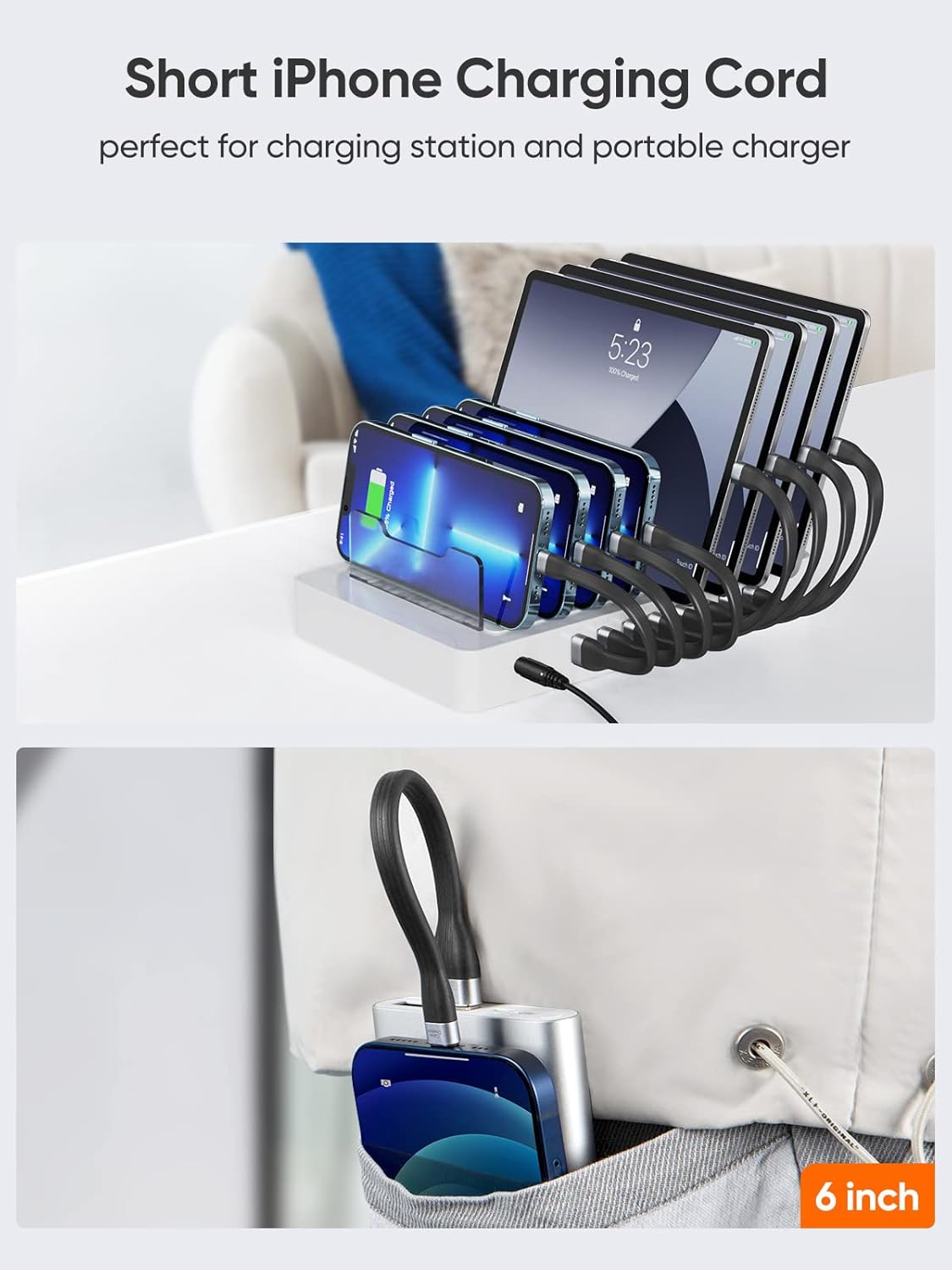 CableCreation MFi Certified iPhone Charging Cable - Short 15 cm, USB to Lightning, Fast Charging, Compatible with iPhone 14/14 Pro Max/13/12/12 Pro/11/X/XR/8/8 Plus/7/6S/6/SE, iPad