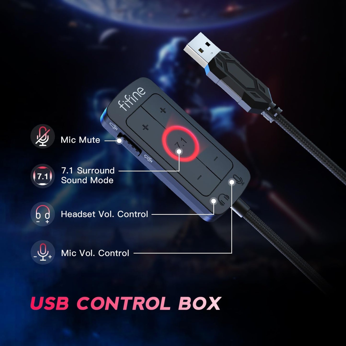 FIFINE PC Gaming Headset, USB Headset with 7.1 Surround Sound, Detachable Microphone, Control Box, 3.5mm Headphones Jack, Over-Ear Wired Headphones for PS5/Xbox/Switch, Black-AmpliGame H9