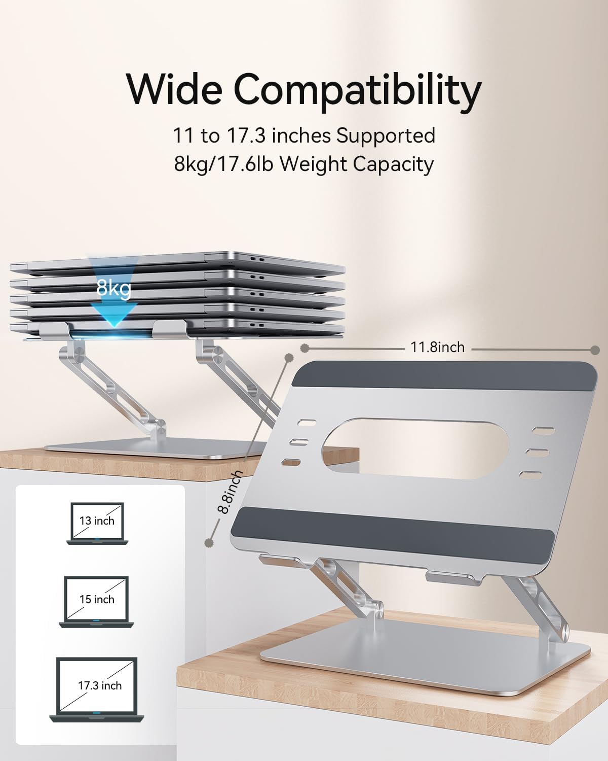 Foldable Aluminum Laptop Stand for 10-17.3" Laptops, Height Adjustable Portable Ergonomic Computer Holder, Space Saving Desk with Heat Dissipation. Compatible with MacBook/Dell/HP etc, Silver