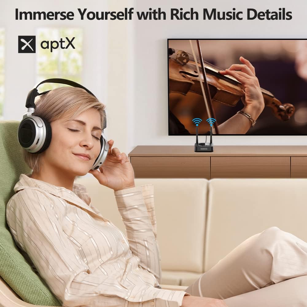 1Mii B06TX+ Long Range Bluetooth 5.2 Transmitter for TV/PC/Projector to 2 Wireless Headphones/Speakers, Bluetooth Adapter for TV w/Screen Display Plug n Play, aptX Low Latency & HD Audio