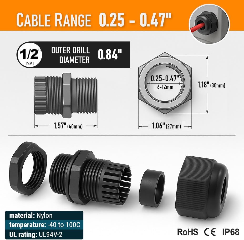 MGI SpeedWare 1/2" NPT Strain Relief Nylon Cord Grip Cable Glands, Black Plastic Grommet 20-Pack