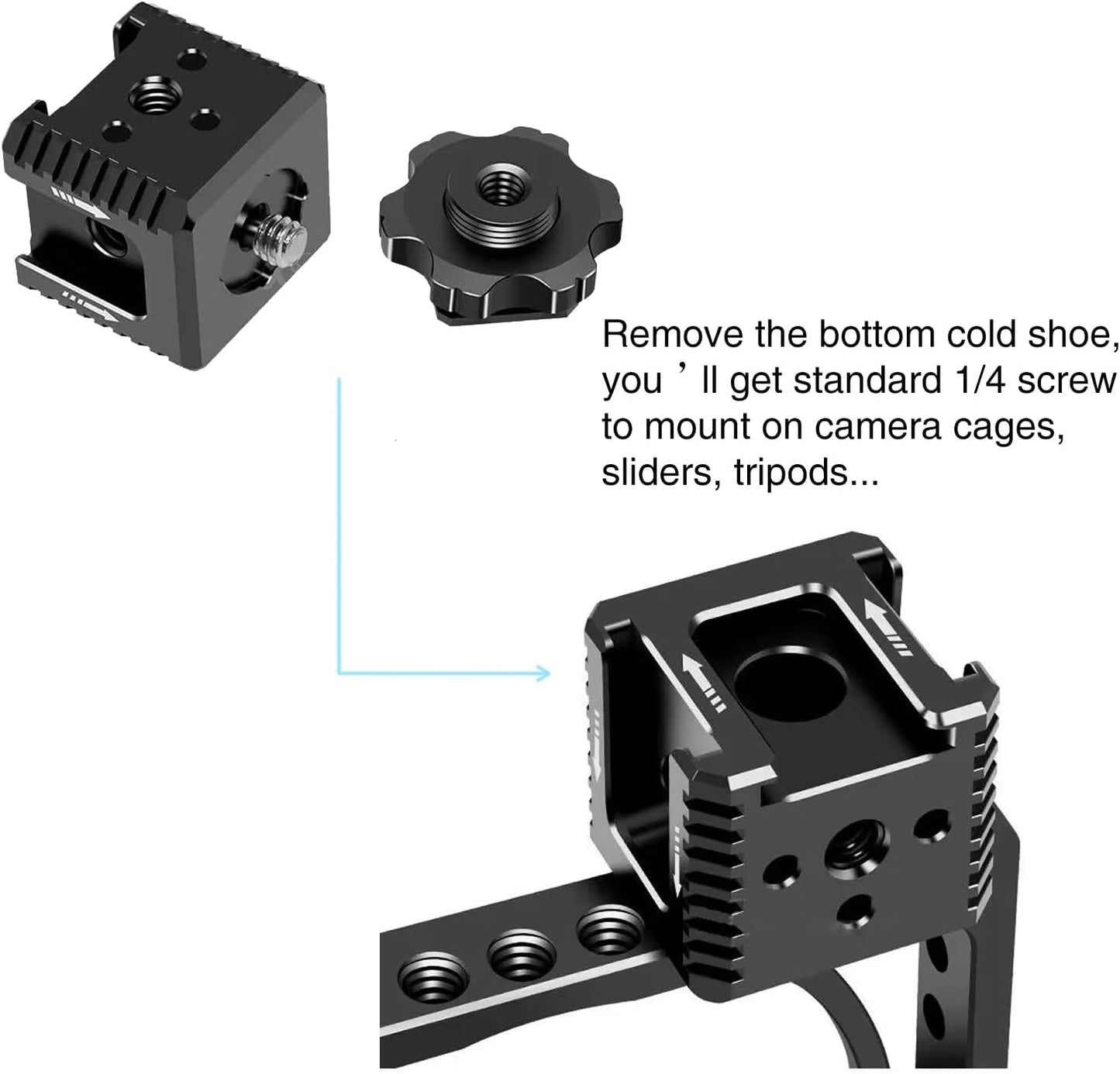3 Port Cold Shoe Mount with 1/4"-20 Thread for Camera Cage Flash LED Monitor Microphone etc., Aluminum Camera Triple Cold Shoe Extension Bracket Compatible with Nikon, Canon, Sony..DSLR/SLR