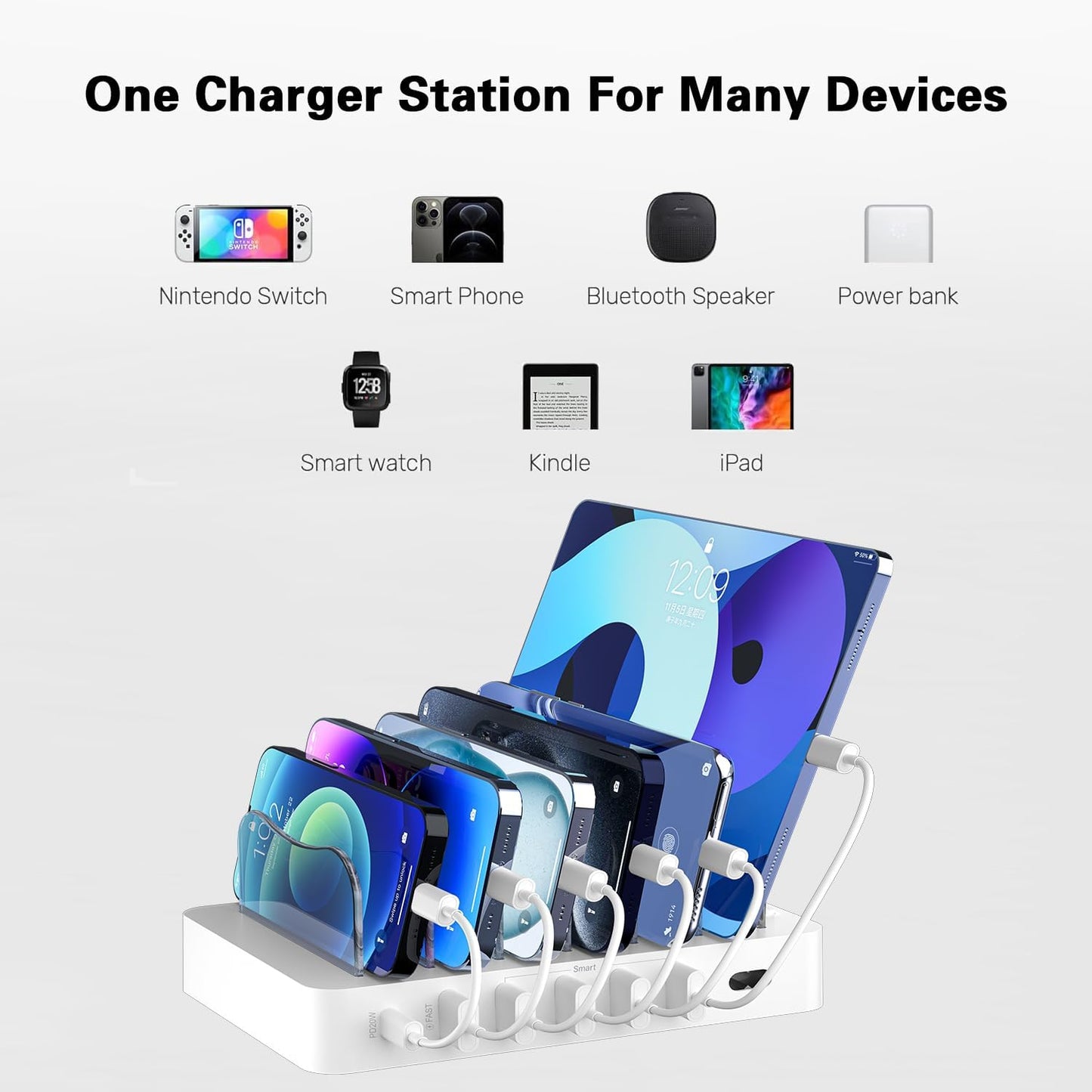 Charging Station for Multiple Devices: 68W 6 Port 20W Fast Phone Charger Dock with 6 Cables, Compatible with Apple Cellphone iPad iPhone Tablet and Other Electronic (White)
