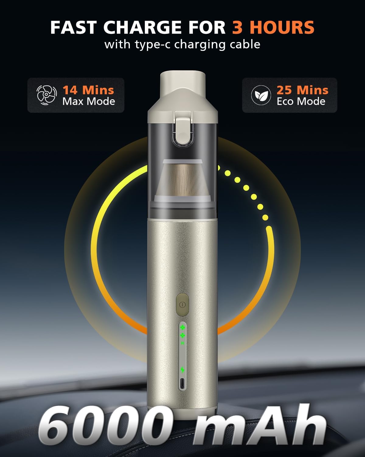 Car Vacuum Portable with 16000Pa Powerful Suction, Handheld Vacuum Cordless Rechargeable Blow & Suction 4 in 1, Small Vacuum Cleaner for Car, Outdoor, Home, Office (Gold Renew)