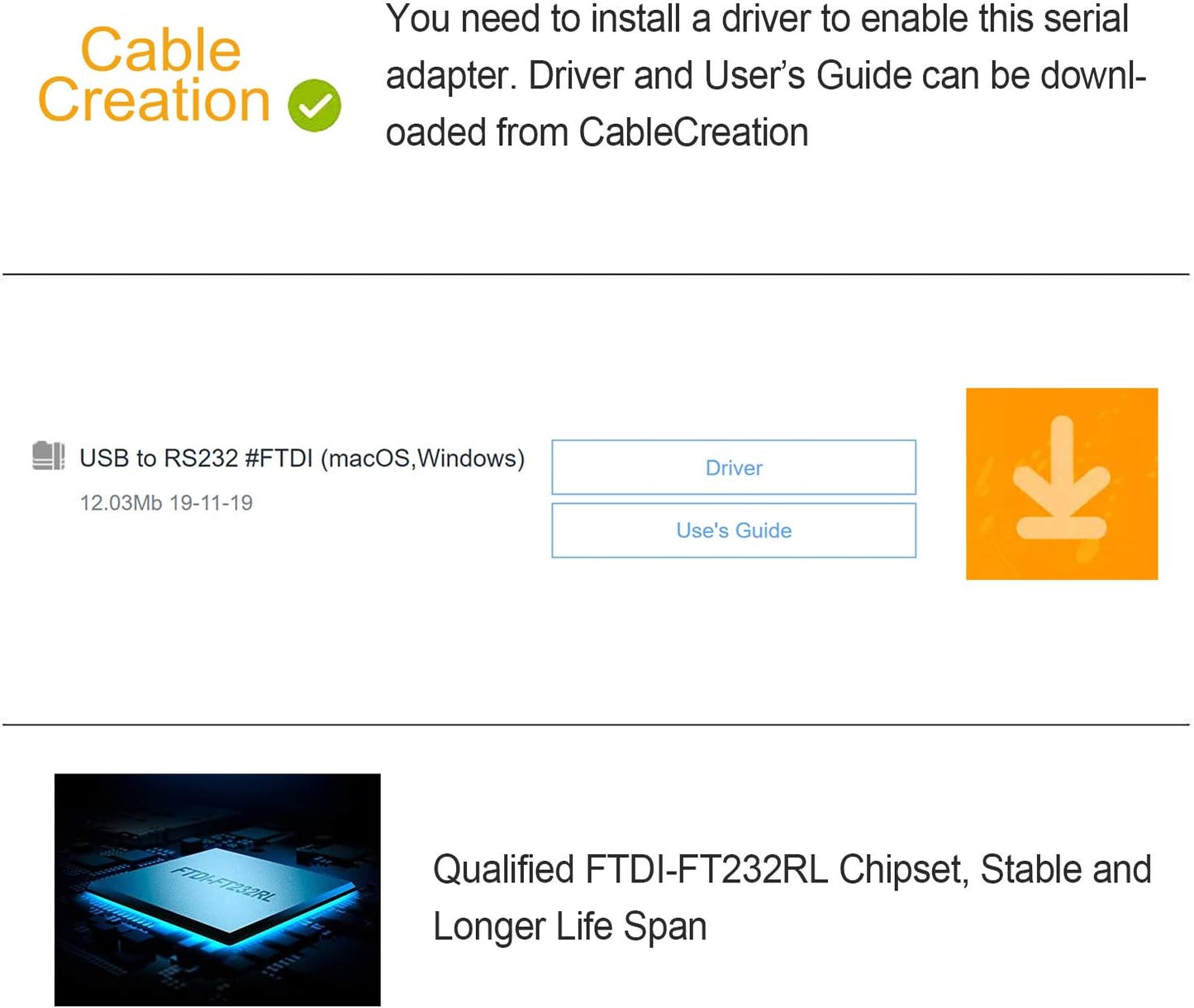 CableCreation USB to RS232 Serial Adapter (FTDI Chipset), USB to RS232 Gold Plated DB9 Serial Converter Cable for Windows 11, 10, 8.1, 8, 7, Vista, XP, 2000, Linux and Mac OS X, macOS, 3.3 Feet/1M