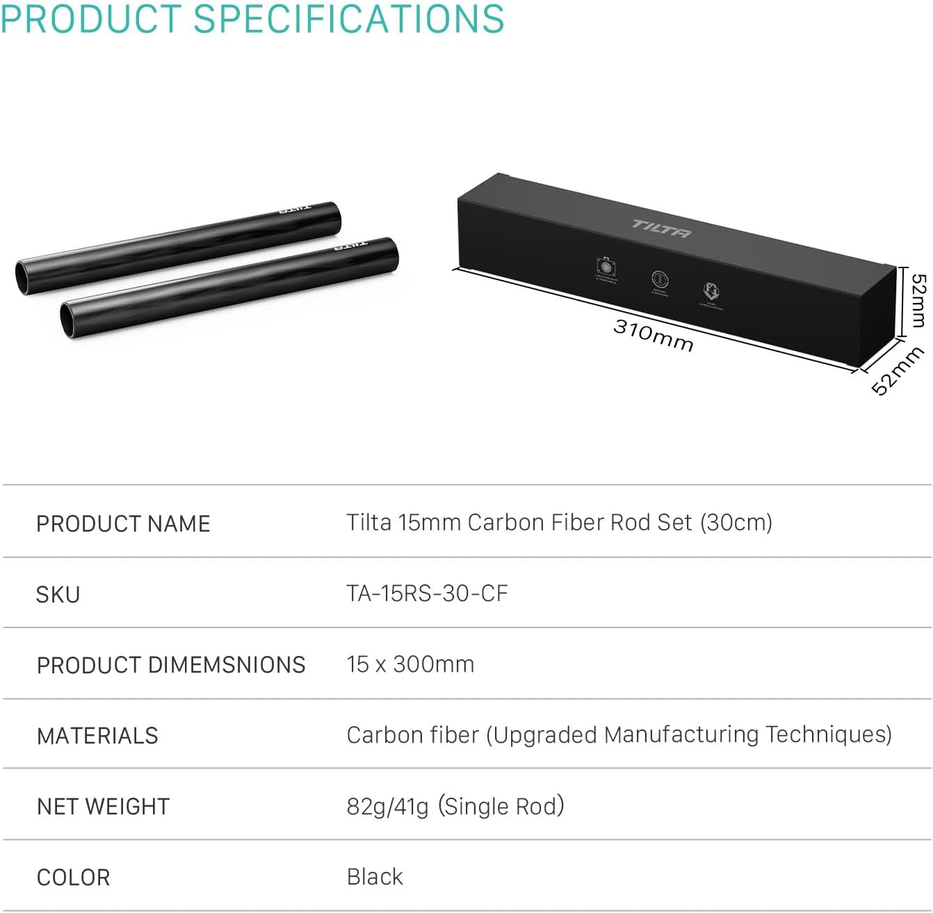 Tilta 2X Carbon Fiber Rods 15mm for Rail Support System | Increased Strength | Mount Accessories | Lightweight | DSLR Shoulder Rig, Camera Stabilizer Cage, Matte Box (30cm)