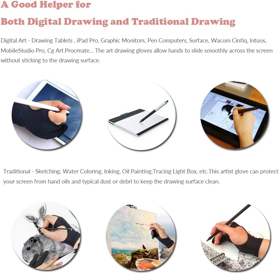 Drawing Glove, 3-Layer Palm Rejection Digital Art Glove for Graphic Tablet, Artist Gloves with Two Fingers for iPad, Paper Sketching, Smudge Guard (2 PCS, Small)