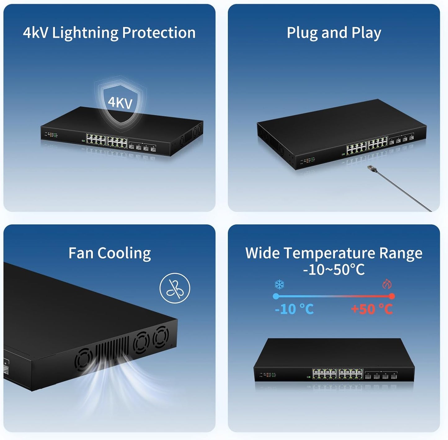 16 Port 2.5G Network Ethernet Switch, 16 x 2.5Gb RJ45 Ports, 4 x 10G SFP Slots, 240Gbps Switching Capacity, Desktop or Rack Mount/Metal Case/Fan Cooling/Plug and Play Unmanaged