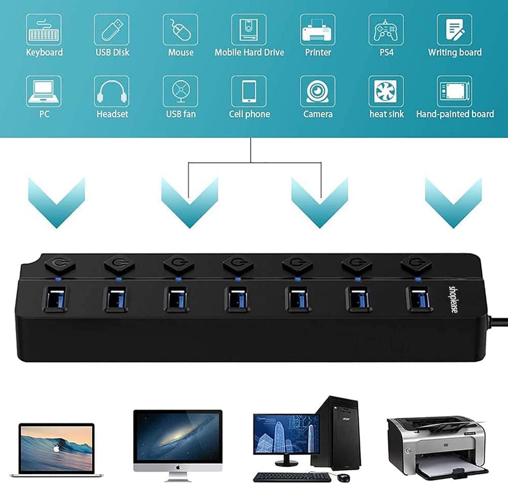 7-Port USB 3.0 Hub with Individual Power Switches and Lights, High-Speed Data Hub Splitter Portable USB Extension Hub with 120 cm Cable for PC Laptop and Others
