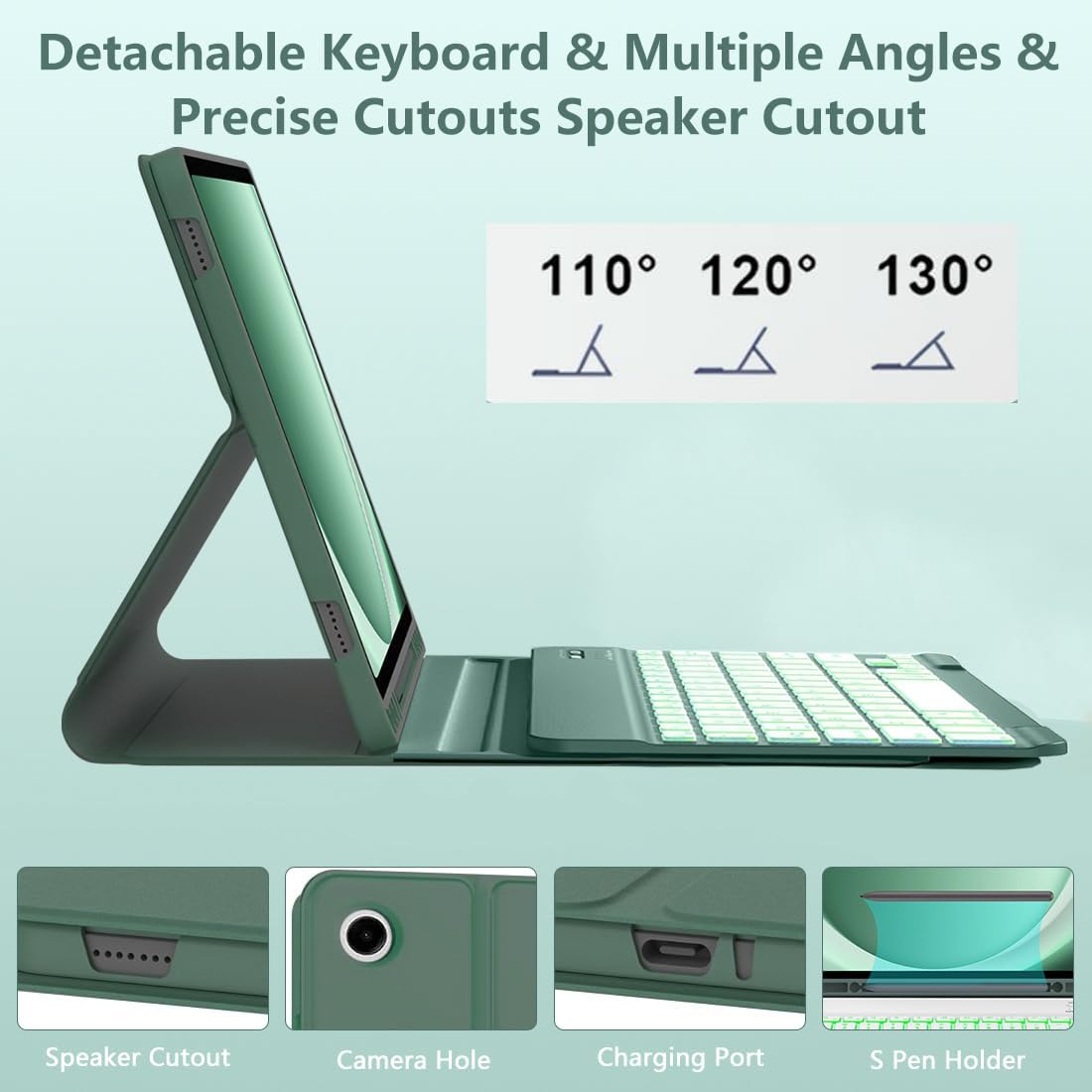 Galaxy Tab A9 Plus Case with Keyboard 5G 11 Inch 2023 (SM-X210/X216/X218), 7 Color Backlit Detachable Tablet Keyboard Cover with S Pen Holder for Samsung Galaxy Tab A9+ 11" (Dark Green)
