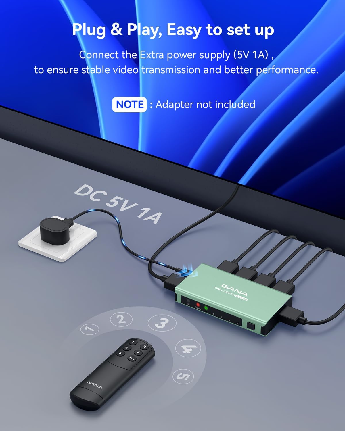 HDMI Switch 5 in 1 Out 4K@60Hz, GANA HDMI Splitter Switcher with Remote, Aluminum HDMI 2.0 Switch Box Hub for 3D, HDCP2.2, HDR, Compatible with Xbox, PS5/4/3,Fire Stick,Roku,Blu-Ray Player, Mint Green