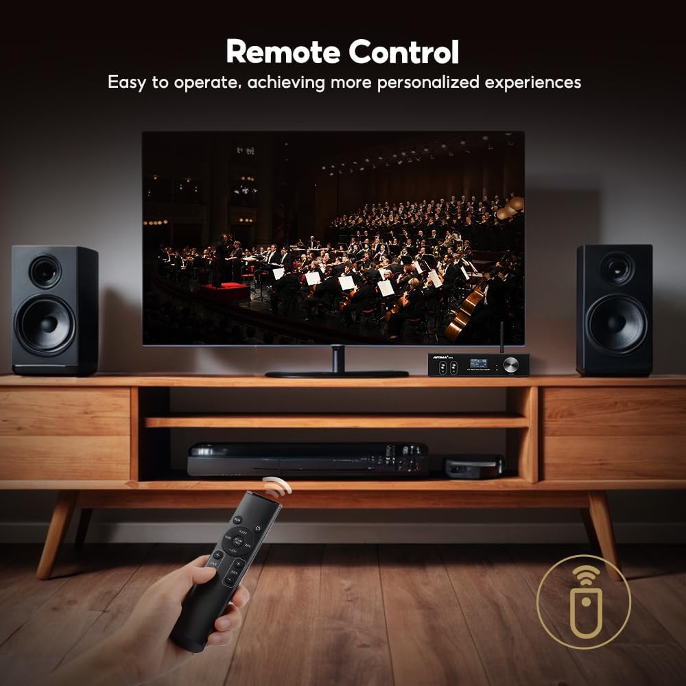 AIYIMA D03 Bluetooth 5.0 DAC Amplifier 150 Watt x 2 Stereo HiFi 2.1 CH Digital Sound Amplificador 24Bit/192kHz Class D Power Amp USB Coaxial Optical OLED AptX, Support Subwoofer & with Remote